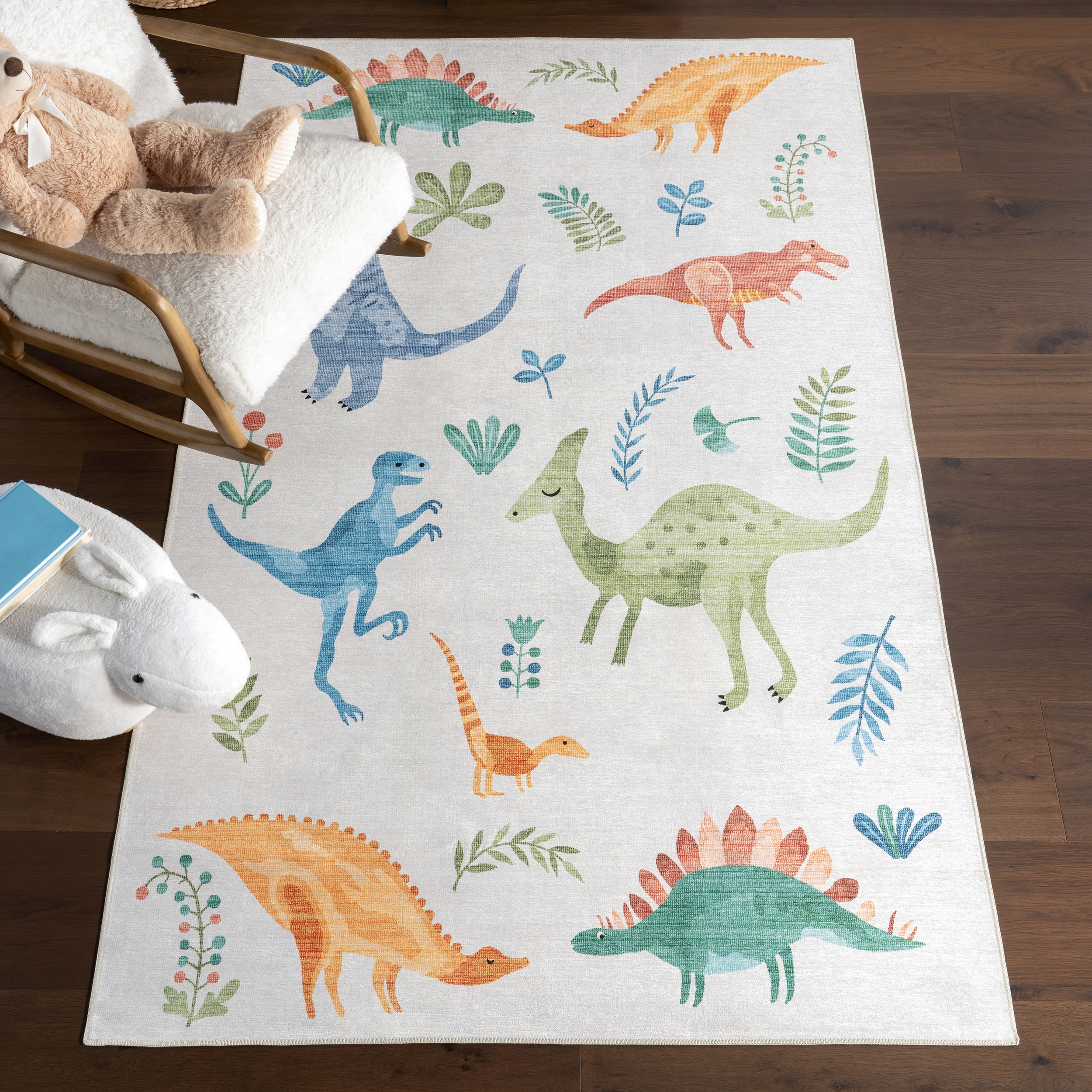 nuLOOM 200BIVL93A-406 Pavani Dinosaur SplashGuard Machine Washable Kids 4ft. x 6ft. White Multicolor Area Rug