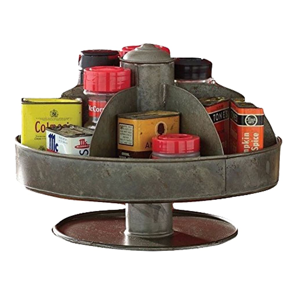 Benzara BM166882 Galvanized Lazy Susan Organizer With 6 Pockets, Gray