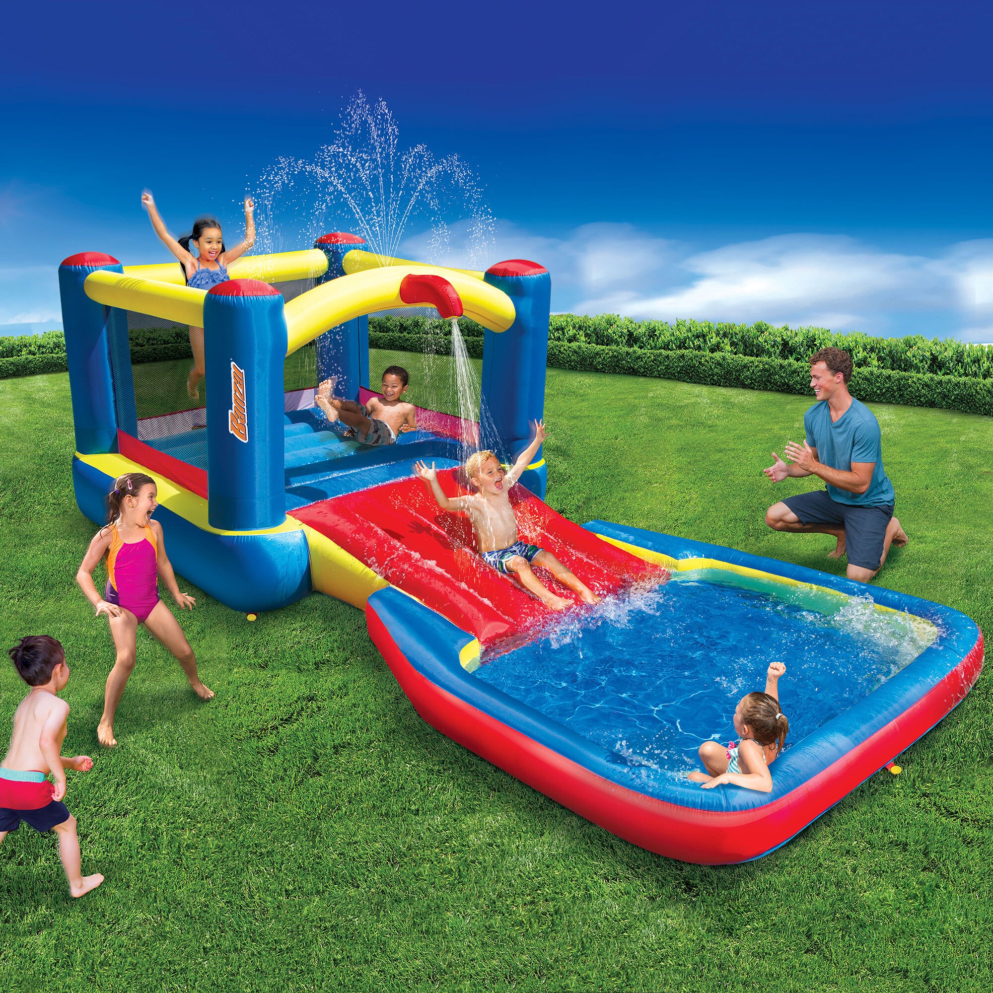 Banzai Inflatable Bounce House with Slide and Splash Pool for Kids 5-12 ...