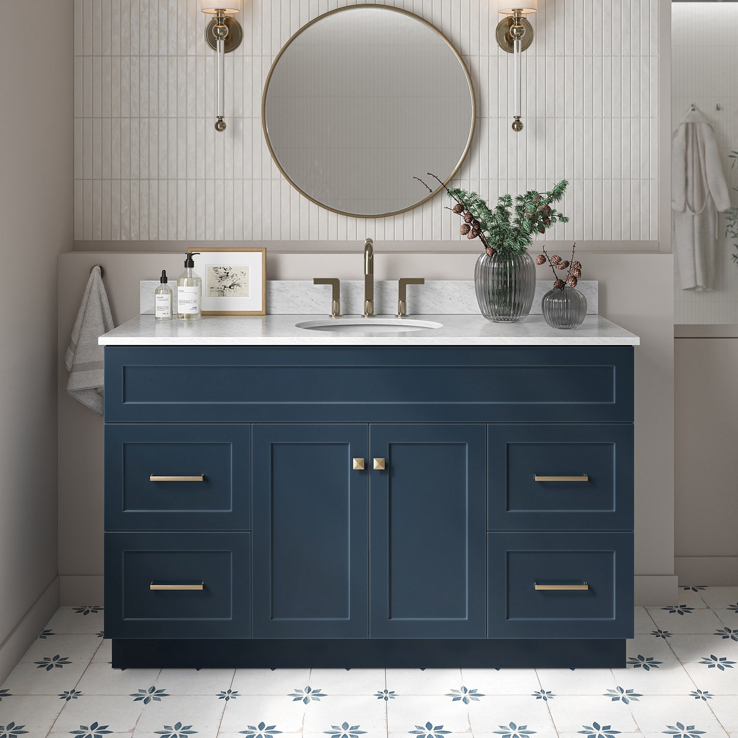 ARIEL F055SCW2OVOMNB Hamlet 55-in Midnight Blue Undermount Single sink Bathroom Vanity with 0.75" Carrara White Marble Natural marble Top
