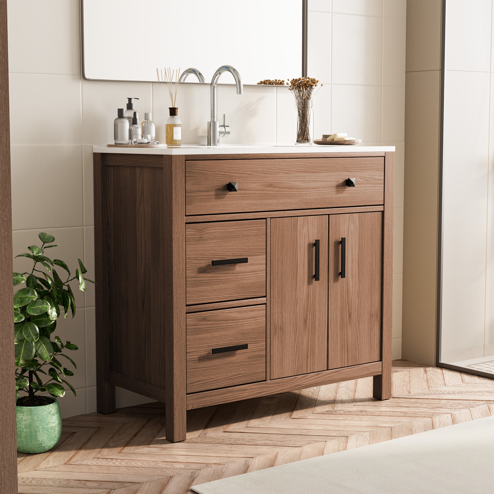 Serwall MY-36-SMW 36-in Single Sink Burlywood Bathroom Vanity with White Polymarble Top-Assembly Required