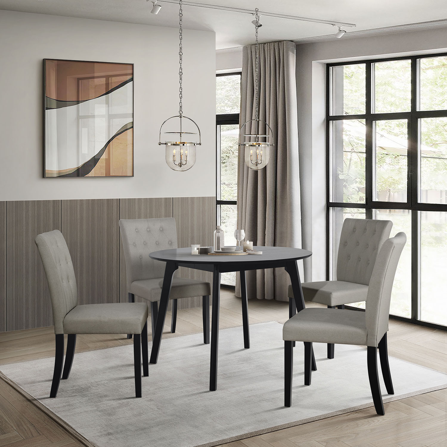 CasePiece C3085US-GY-LN-BK-C3 Grey Transitional Dining Room Set with Round Table ( Seats 4 )