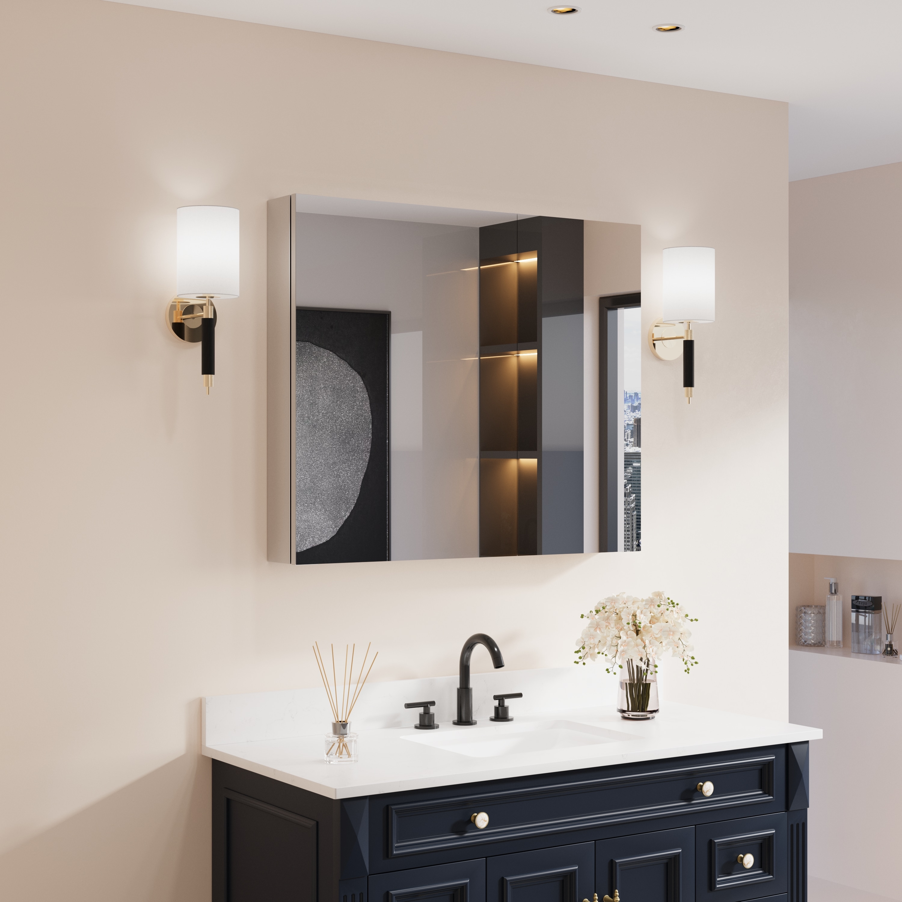 Forclover ASM-JG028B 36-in x 30-in Surface/Recessed Mount Chrome Aluminum Mirrored Rectangle Soft Close Medicine Cabinet