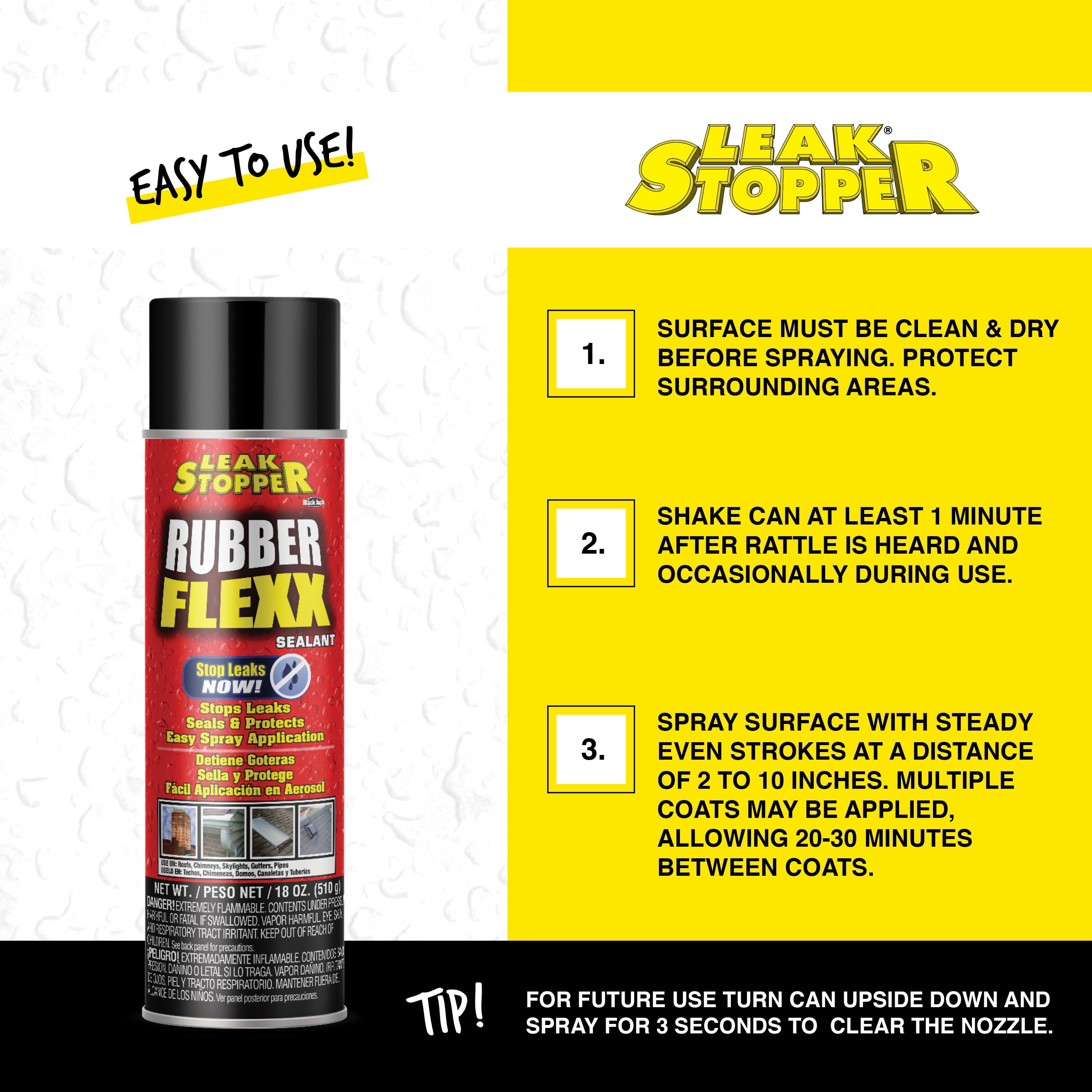  Leak Stopper Rubber Flexx Leak Repair & Sealant Spray 18 Oz, Just Point & Spray for Making basic repairs on wood, asphalt roofing, metal  and masonry surfaces