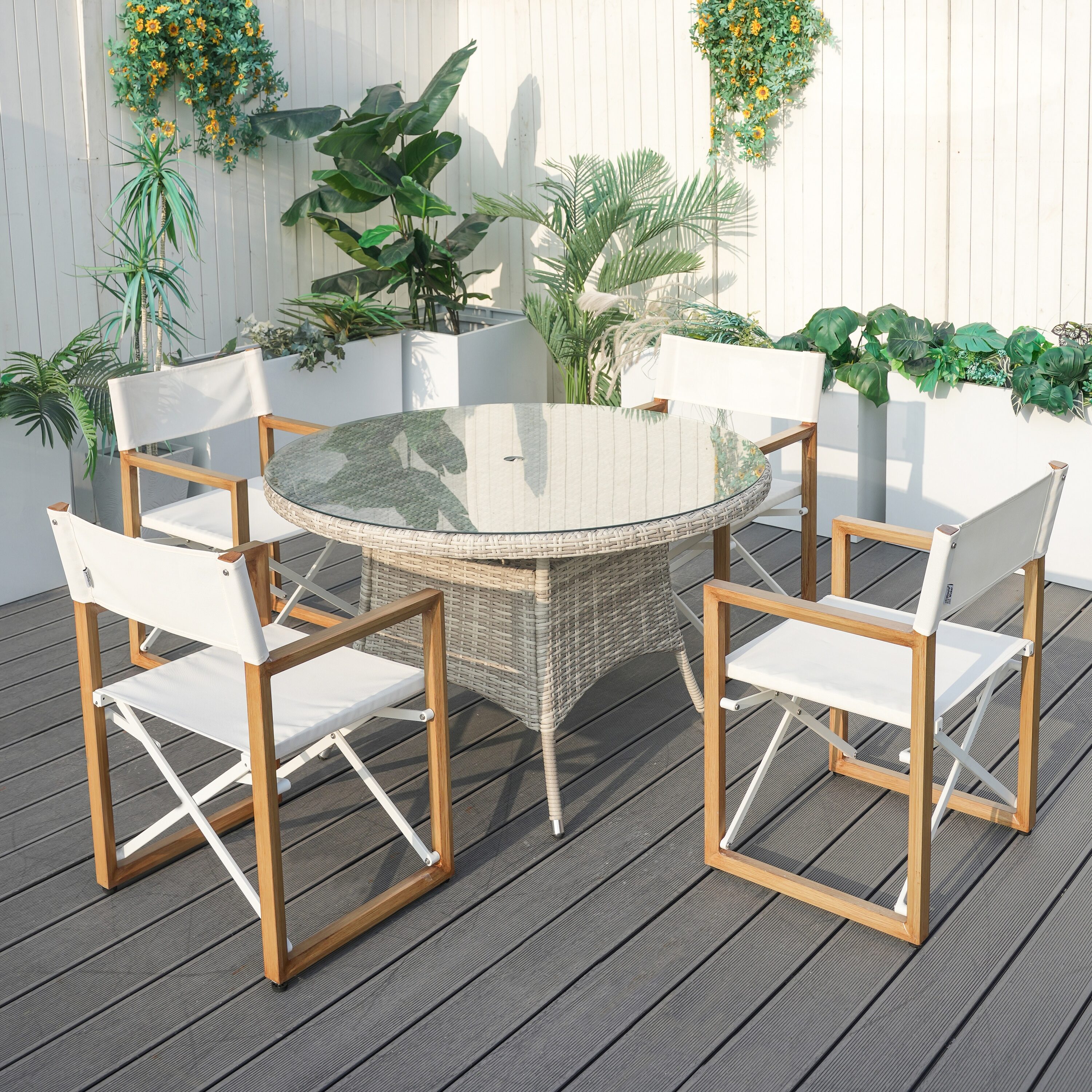 Moda Furnishings MAD-1709-2508BR 5 -Piece BROWN Wicker Patio Dining Set Wicker Round Table with 4 Brown Stationary Chairs