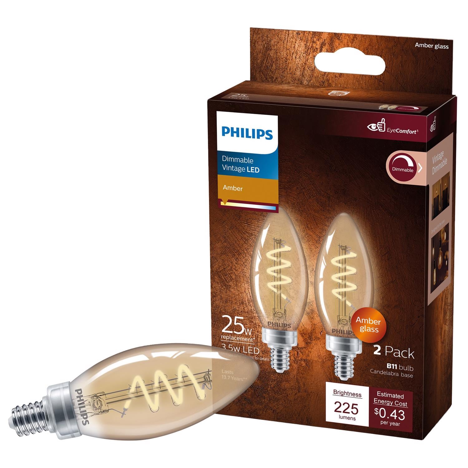 Philips EJD3012436 B11 E12 Candelabra LED Bulb Amber 25 Watt Equivalence 2 pk