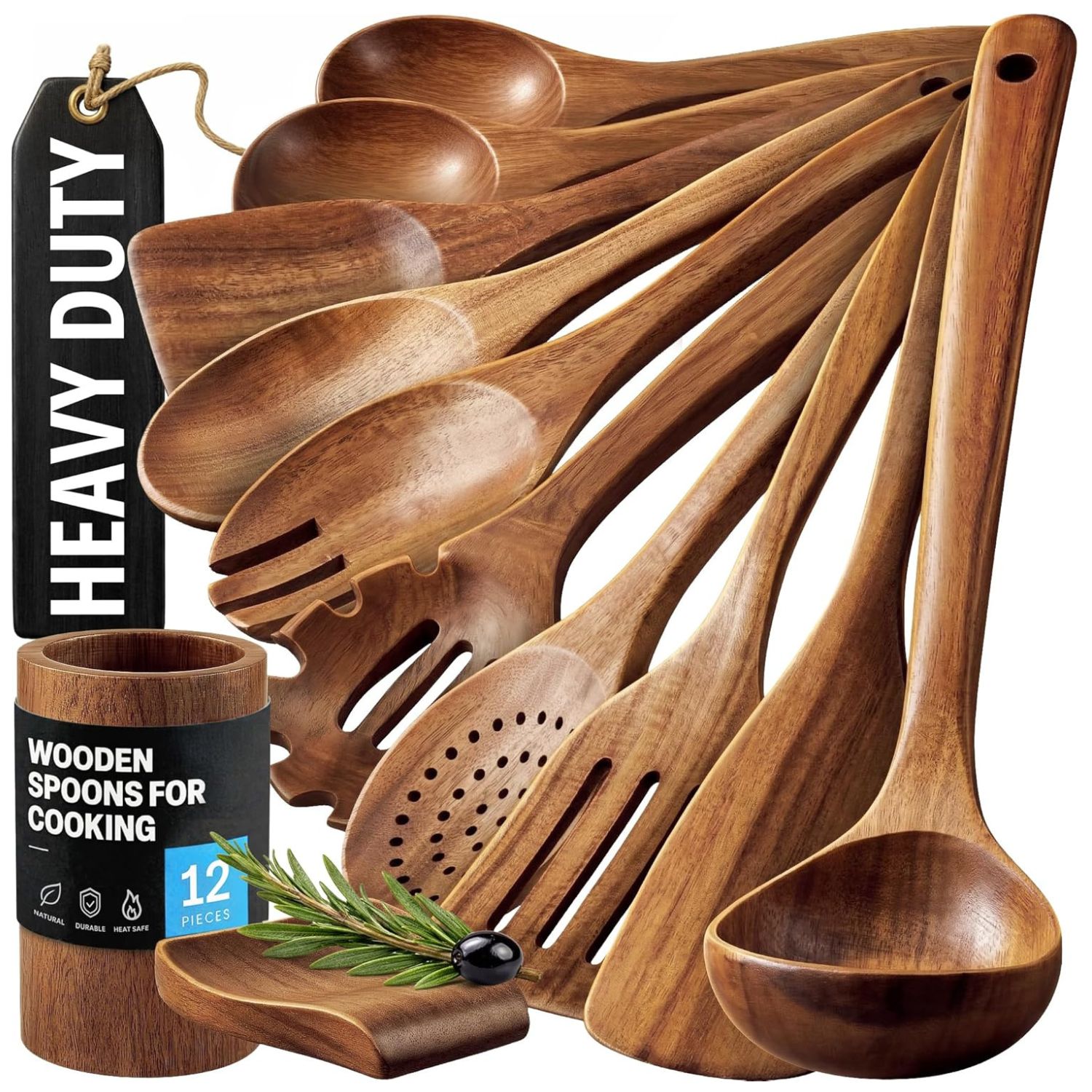 Zulay Kitchen 12 Piece Teak Wooden Utensil Set for Cooking Natural Non Stick Wooden Spoons Kitchen Tools Comfortable Grip