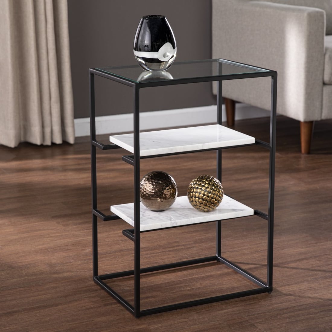 HomeRoots 4000402263 15.75-in W x 23.5-in H Black Glass Rectangular Modern End Table with Storage