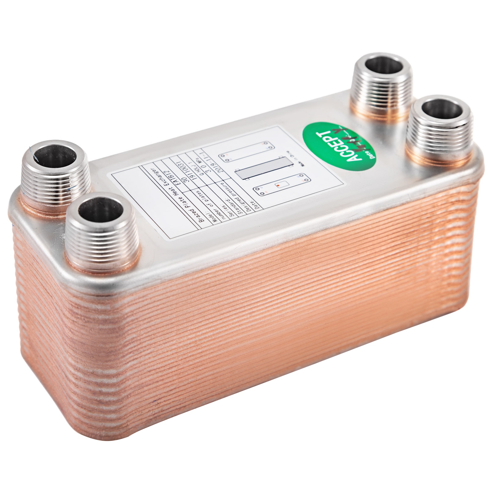 GIVIMO Brazed Plate Heat Exchanger 30-Plate 316L Stainless Steel 3/4-in MPT 7.8 x 3-in Beer Wort Chiller for Hydronic Heating Pool Boiler