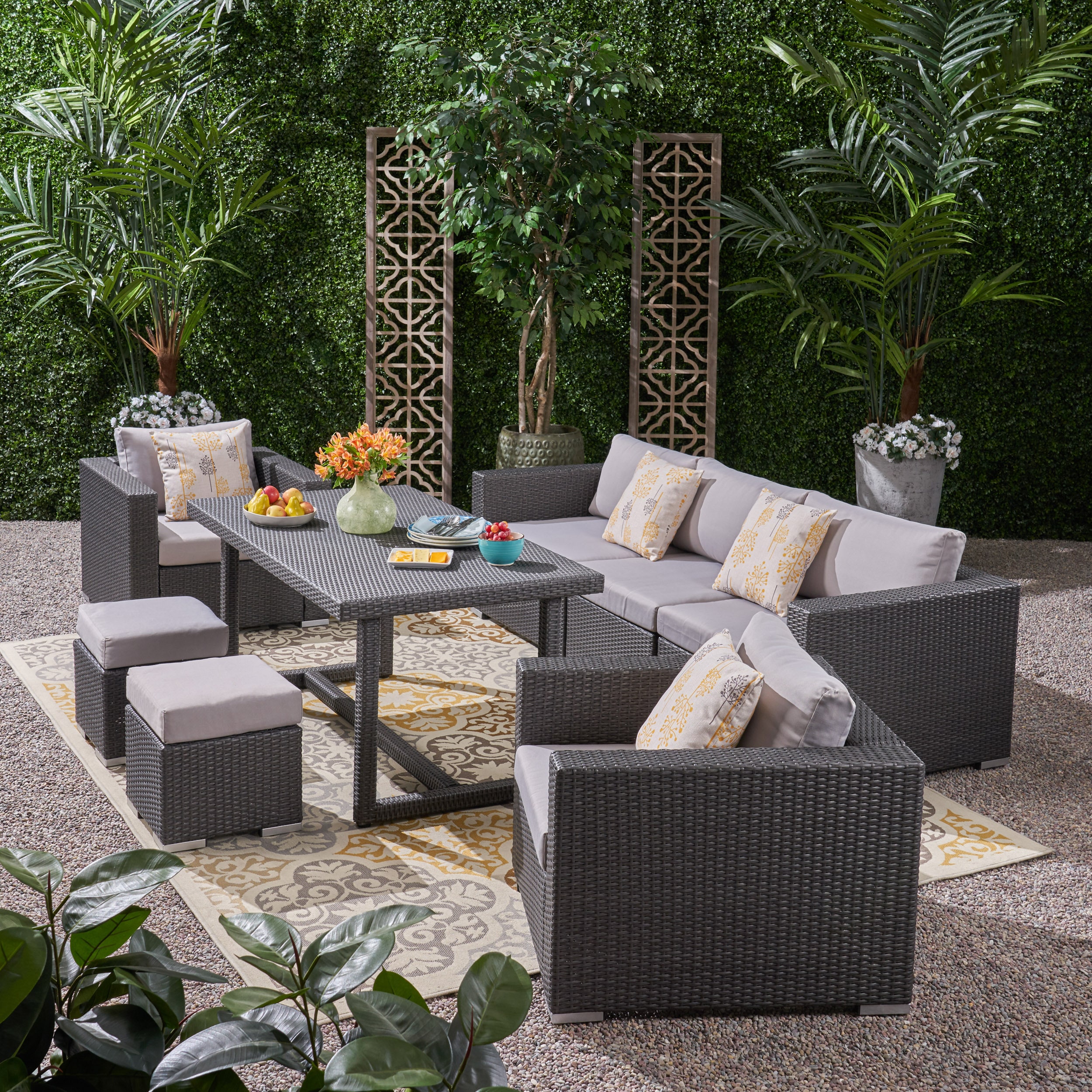 Christopher Knight Home 305596 Santa Rosa Outdoor 7 Seater Wicker and Aluminum Sofa Dining Set Gray and Silver