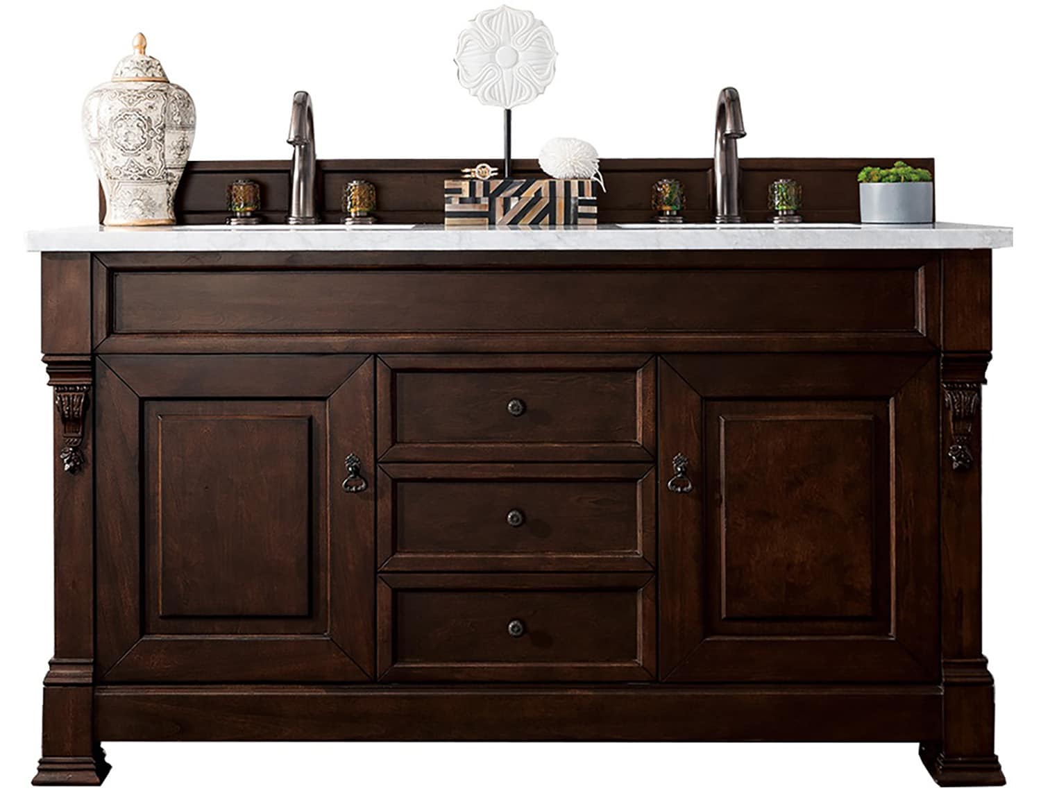 James Martin Vanities 147-114-5661-3CAR Brookfield 60-in Burnished Mahogany Undermount Double sink Bathroom Vanity with Carrara Marble Marble Top