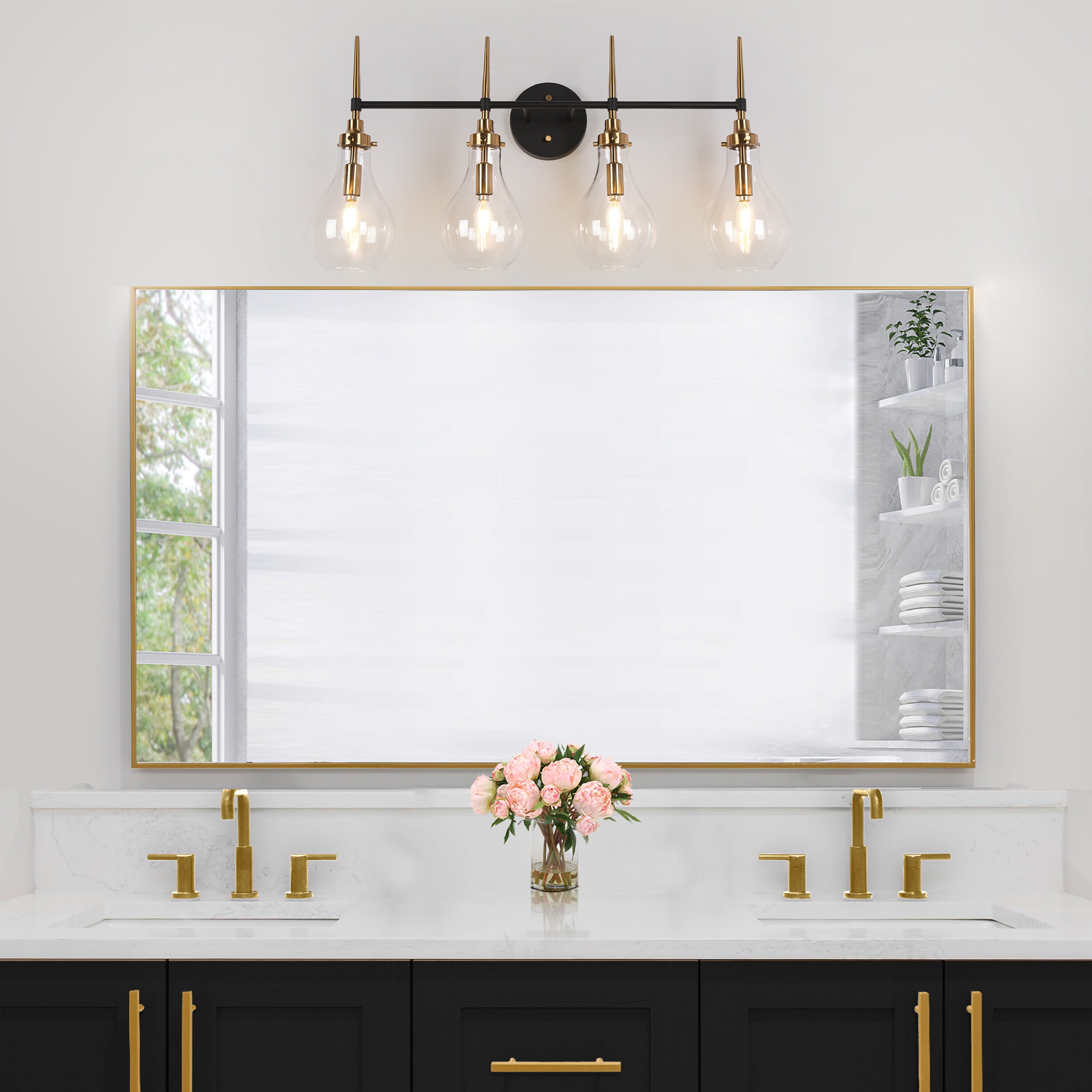 Uolfin 28.3-in 4-Light Black and Brass Gold In Teardrop Glass LED ...
