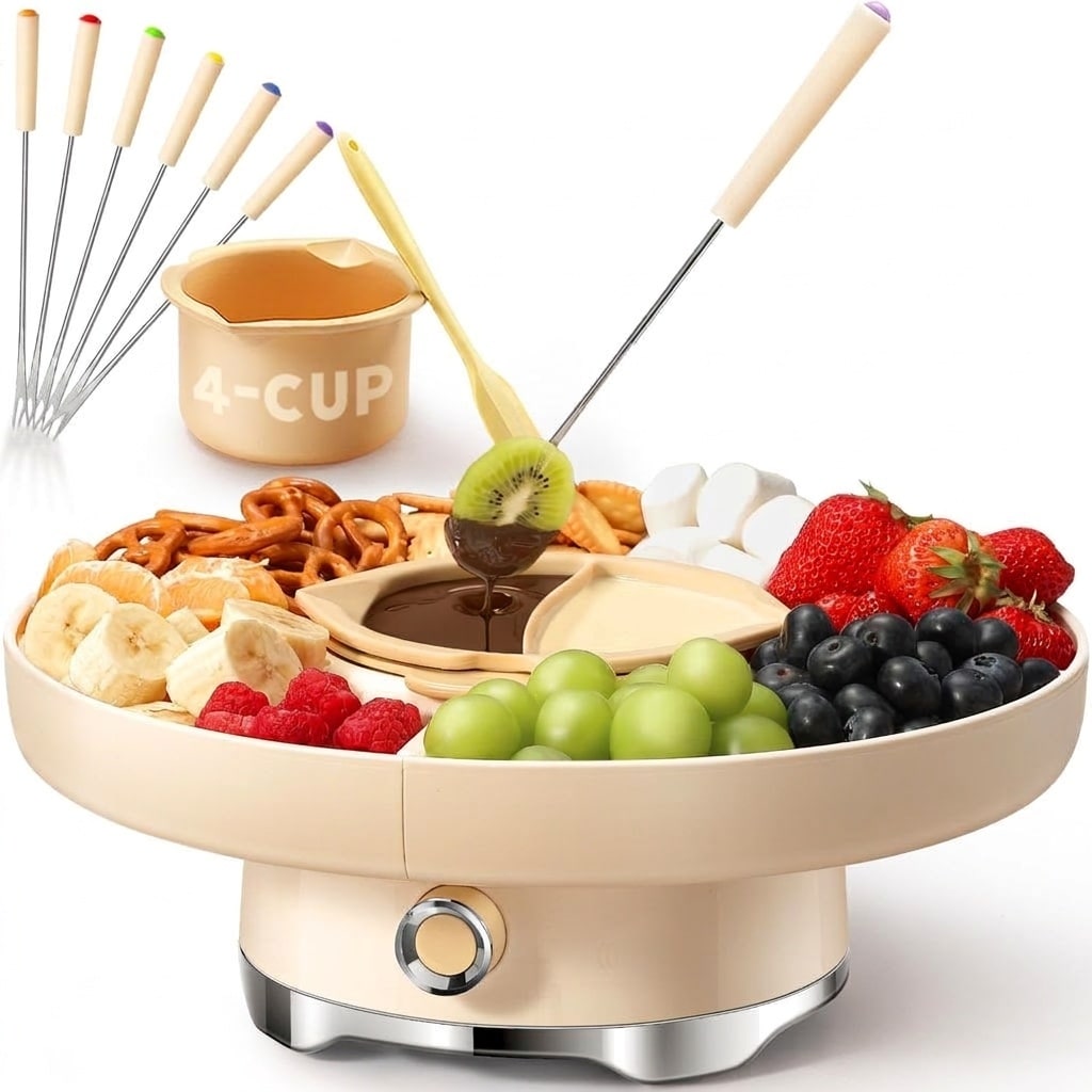 Aoibox - Chocolate Fondue Pot Set Electric Melting Machine with 4 Cup Capacity Rotating Tray and...