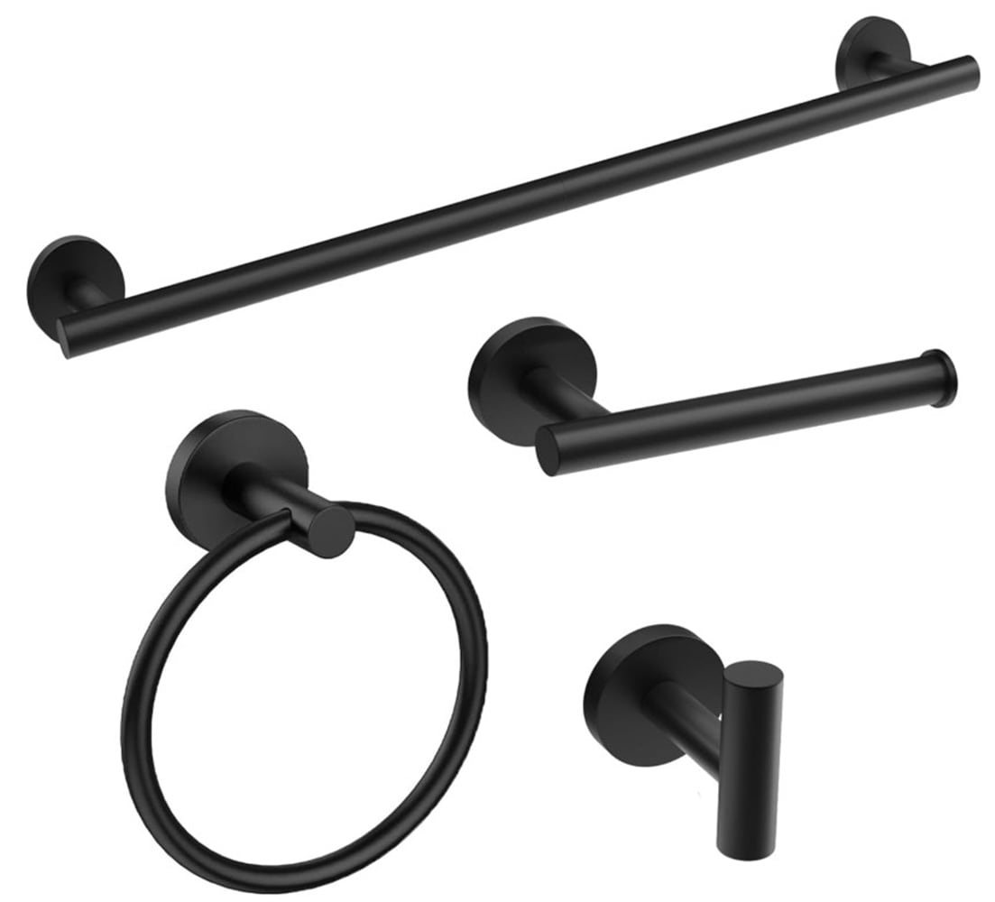 Project Source 304HS03MB-4P24 4 -Piece Matte Black Decorative Bathroom Hardware Set Towel Bar, Toilet Paper Holder, Towel Ring ,Robe Hook Included