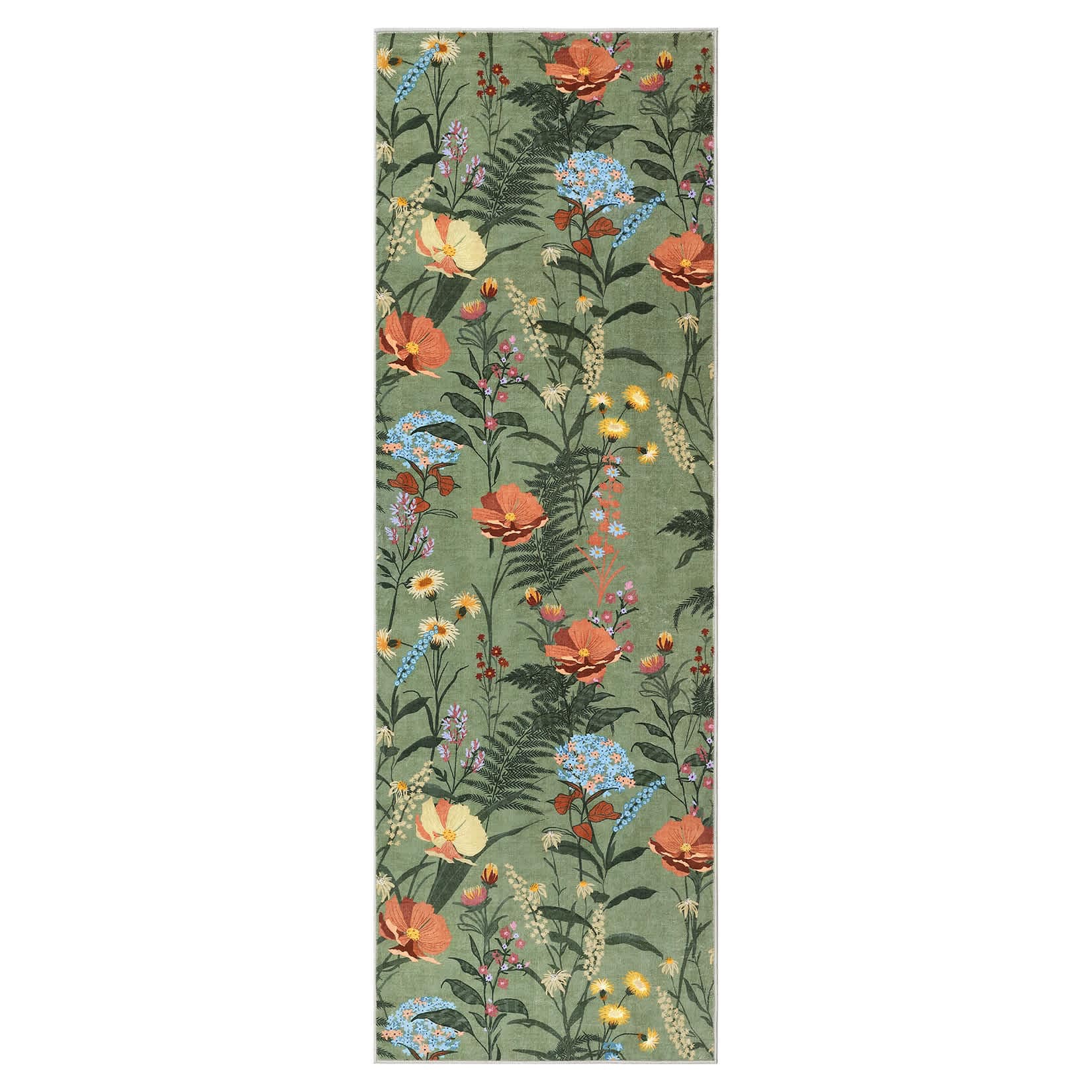 Qeetex LSN-PHK-344FTUNF 2 x 6 ft Pearl Velvet Green Rectangular Hallway Bathroom Entryway Kitchen Office Foldable Flower Printed Modern Washable Area Rug