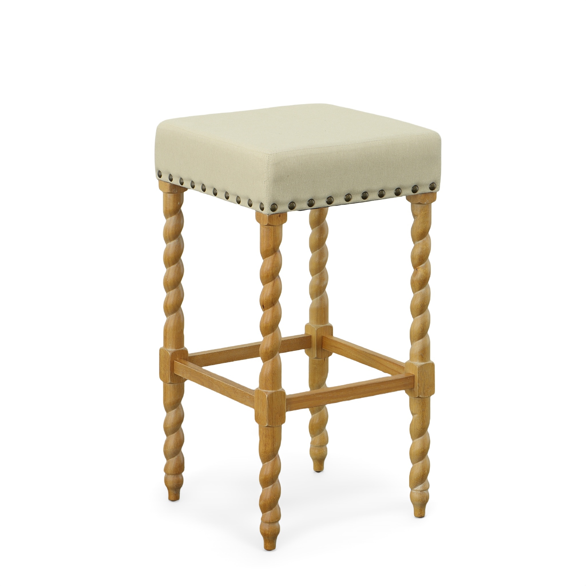 Remick Natural Oak & Linen 30" Rustic Bar Stool with Brass Nailhead Trim