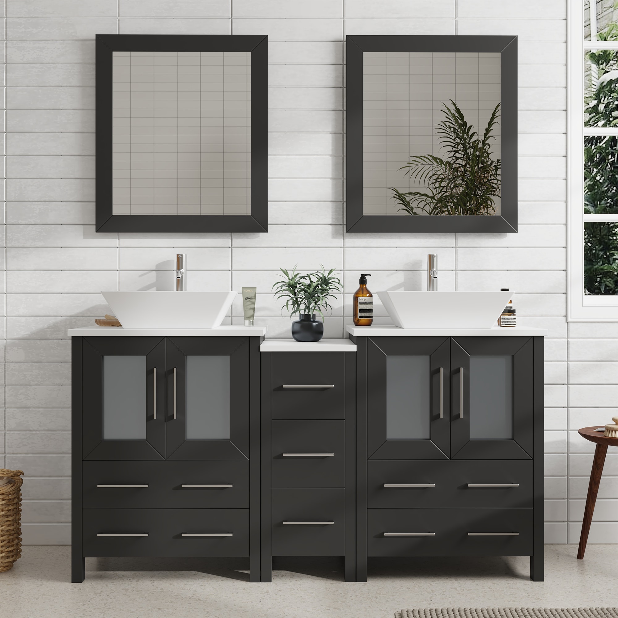 Vanity Art VA3124-60E Ravenna 60-in Espresso Double Sink Bathroom Vanity with White Engineered Marble Top (Mirror Included)