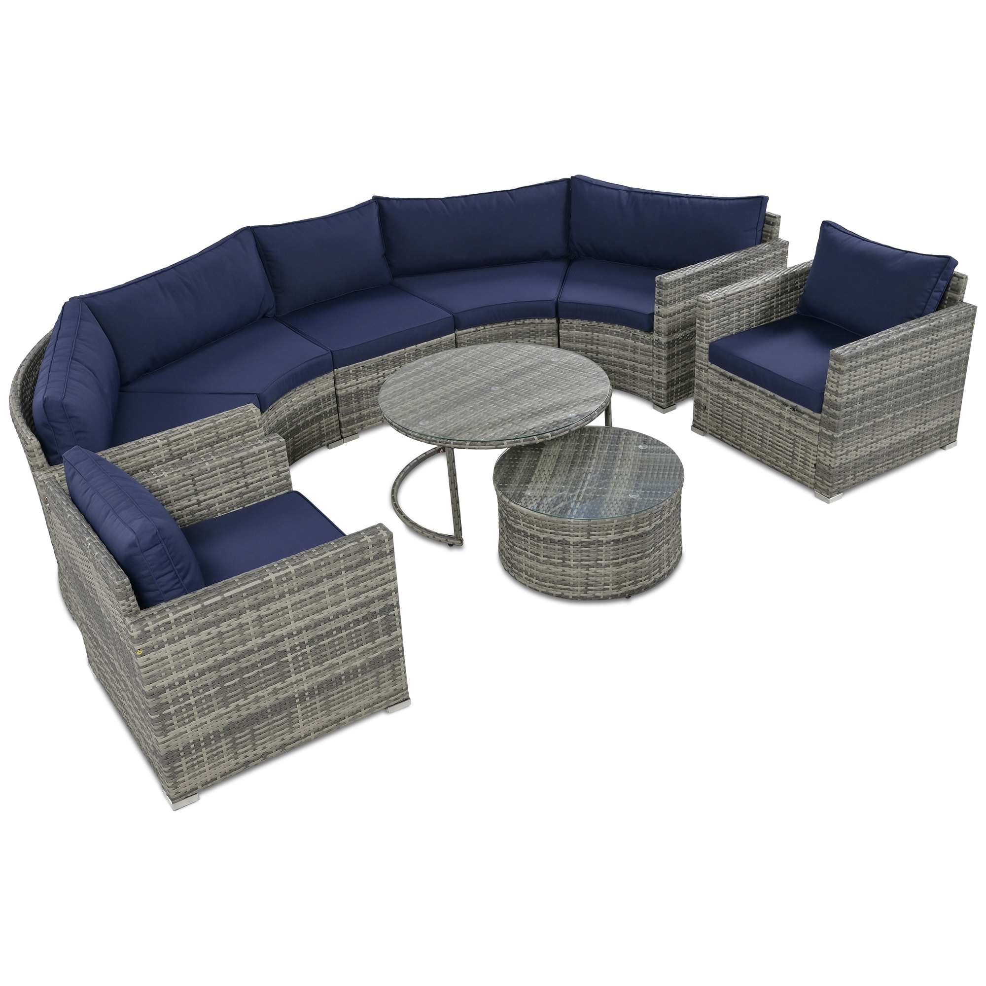 Bybafun YA0200252 Rattan Outdoor Sectional with Blue Cushions and Wicker Frame