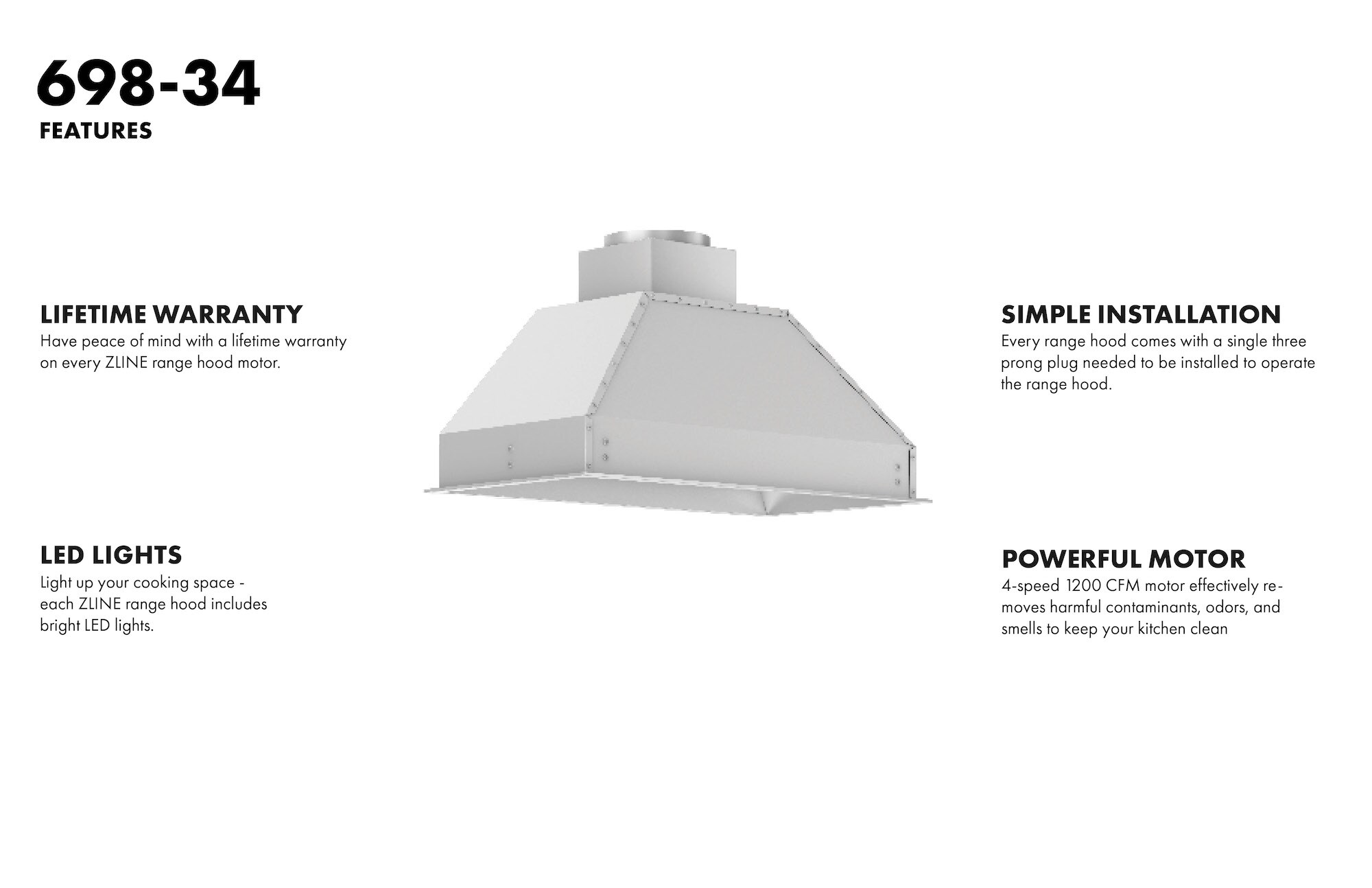 ZLINE 698-34 Professional 1200 CFM 34 inch Wide Insert Range Hood Brushed Stainless Steel