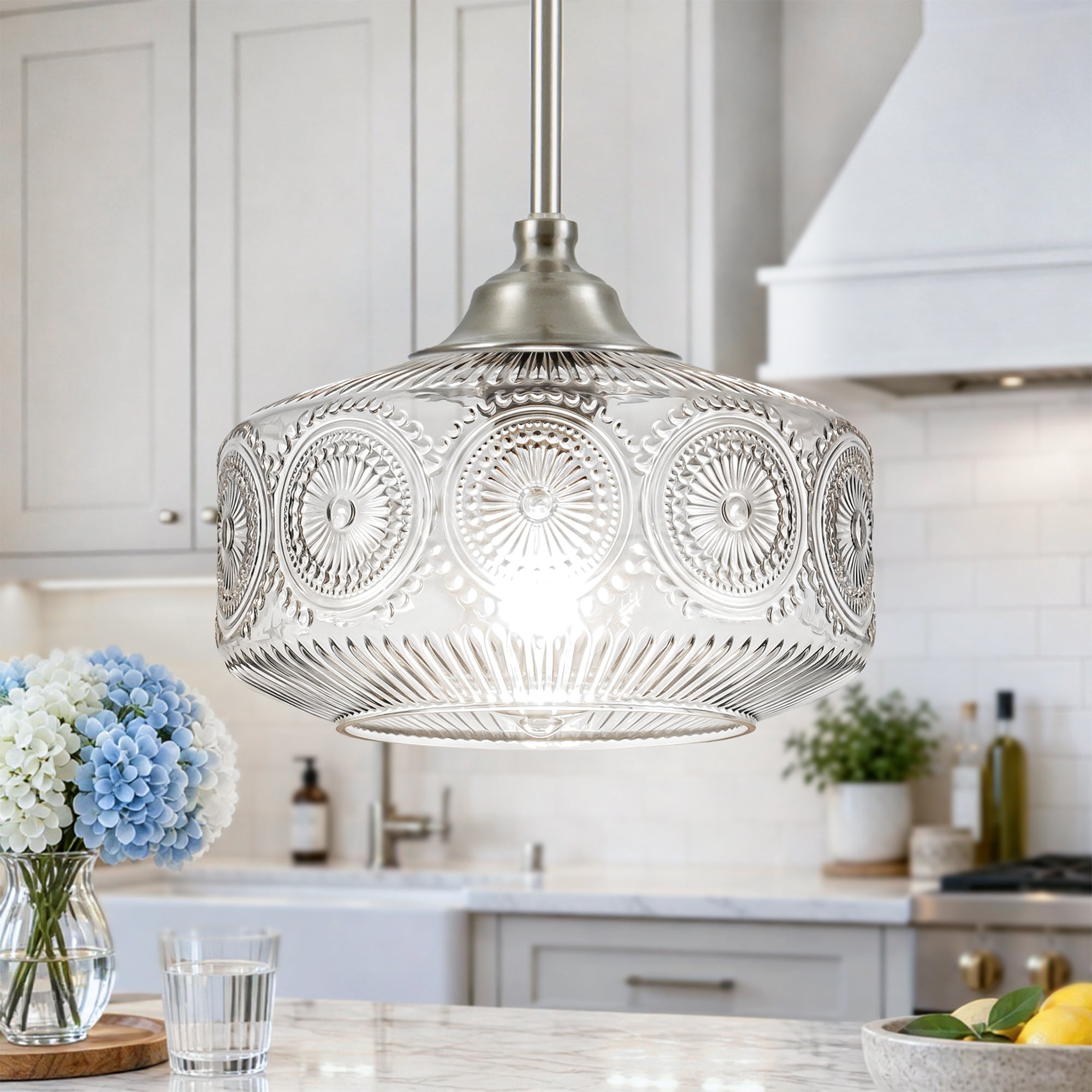 Henveton - Jasslynn 9.45in. 1-Light Vintage Brushed Nickel Adjustable Height Hanging Pendant Ligh...