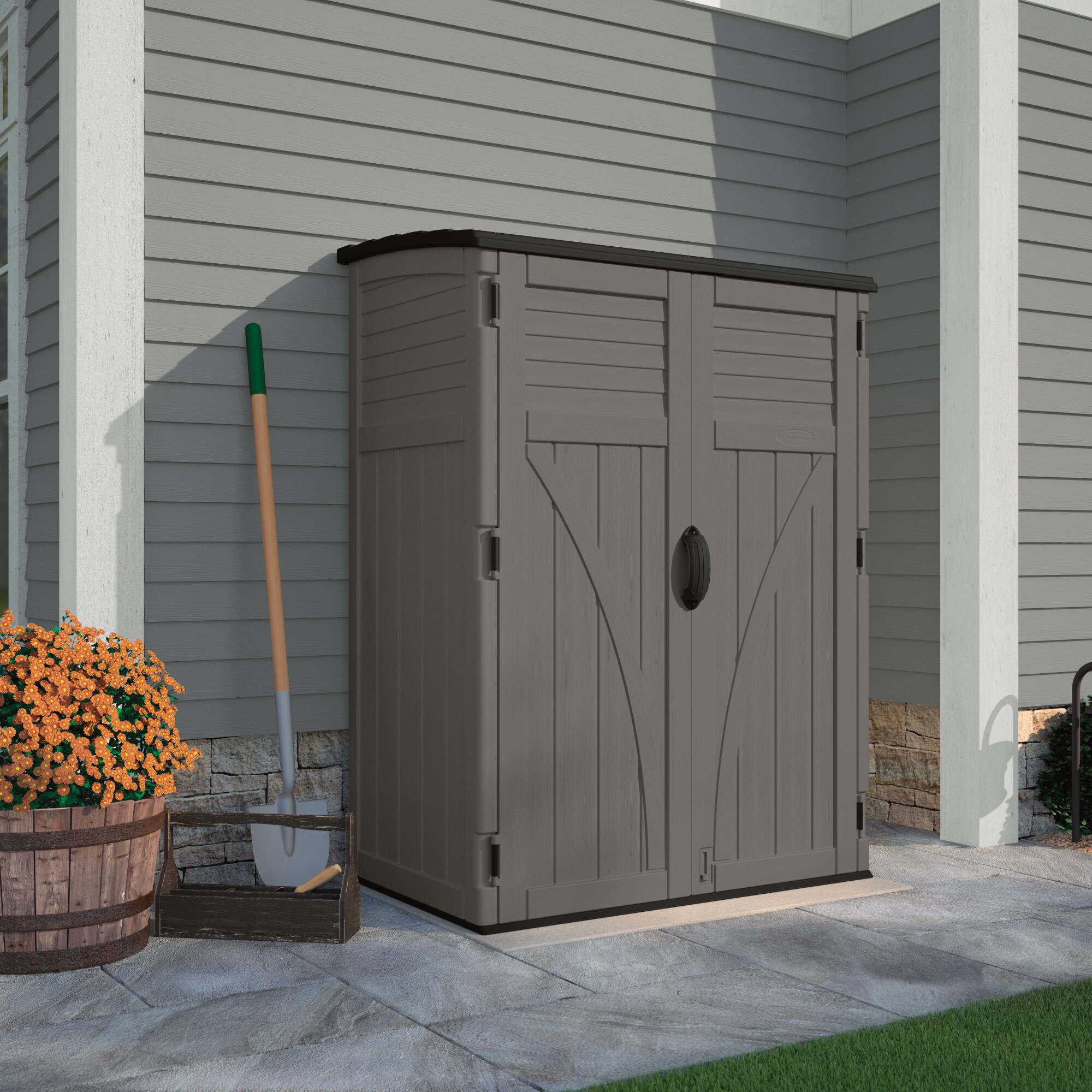 Stoney Gray Resin Vertical Storage Shed with Shelving