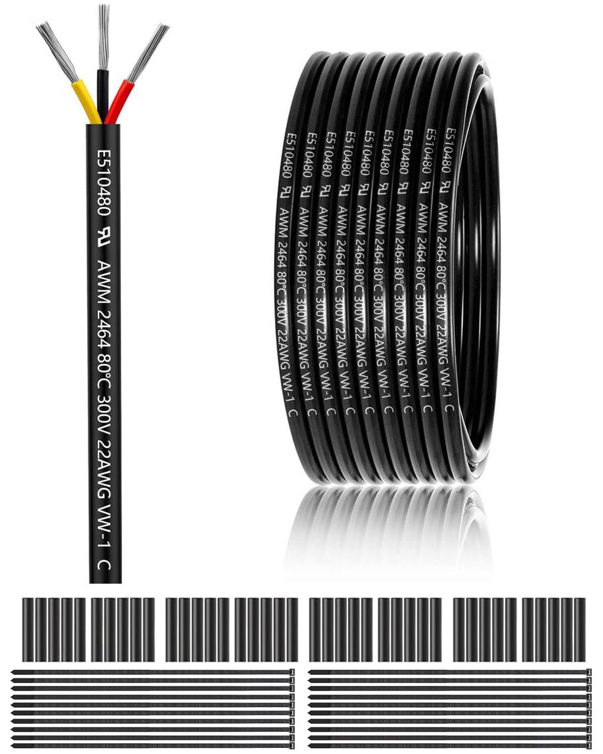Lukvuzo 100FT 22 Gauge 3 Conductor Electrical Wire UL2464 Tinned Copper PVC Stranded 22 AWG 3 Wire Outdoor Low Voltage Extension Cable Roll #LLU0424T47