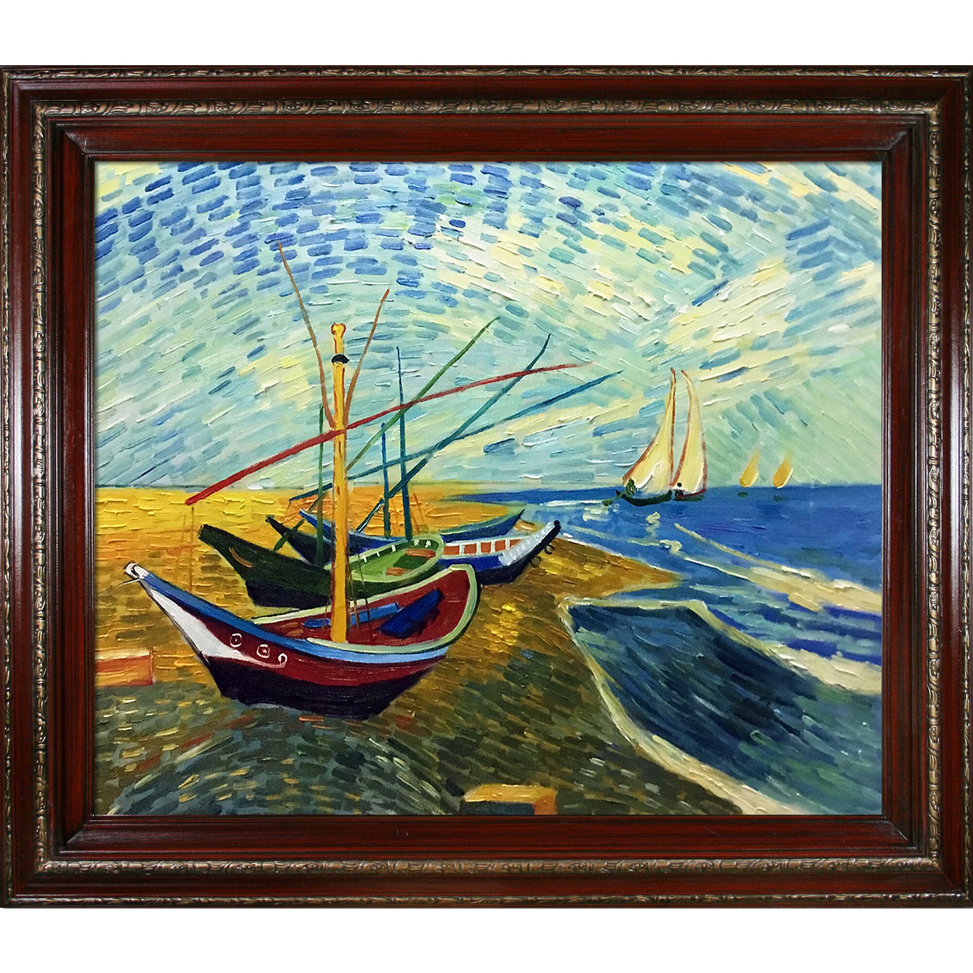 La Pastiche 688576539249 Fishing Boats on the Beach at Saintes-Maries Vincent Van Gogh Cherry/Gold Wood Framed 26-Inches H x 30-Inches W Coastal Canvas Hand-Painted Painting