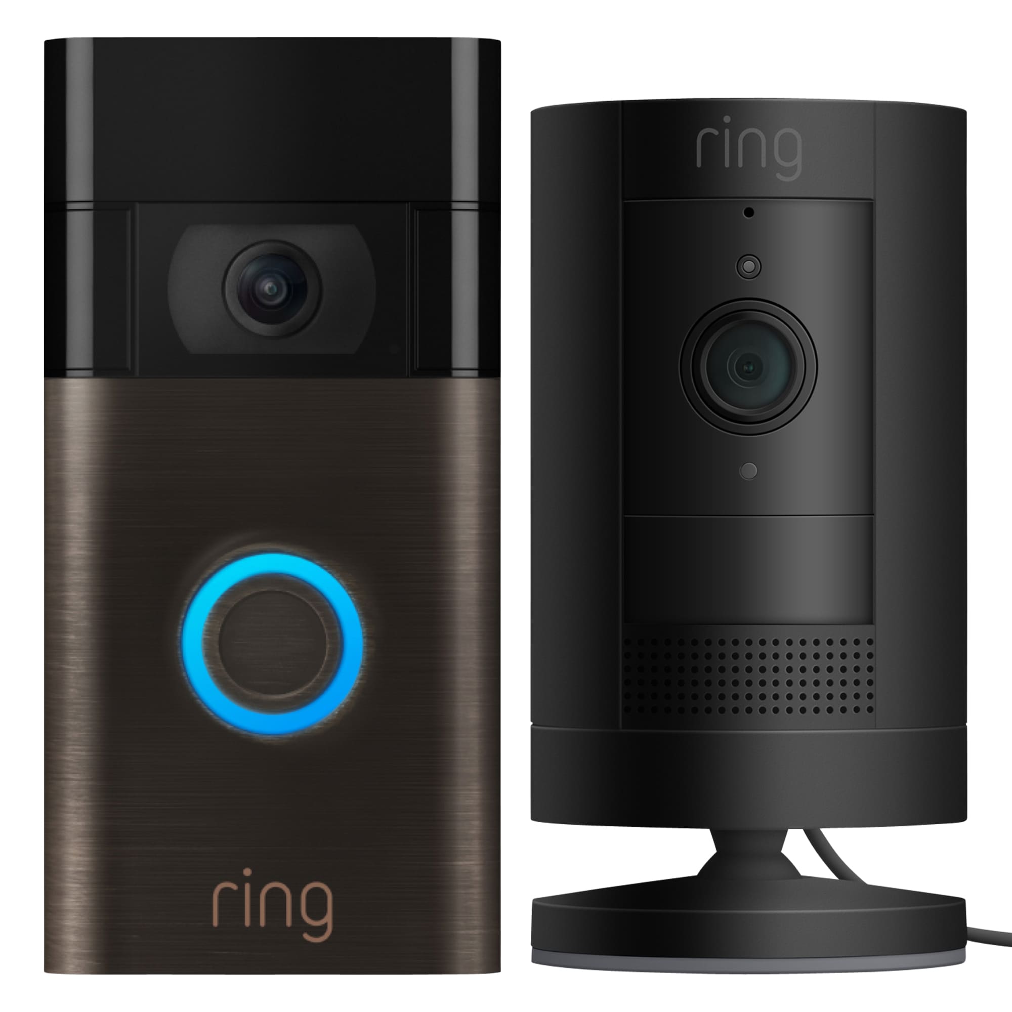 Ring Video Doorbell - Venetian Bronze + Stick Up Camera Plug-in - Black Bundle