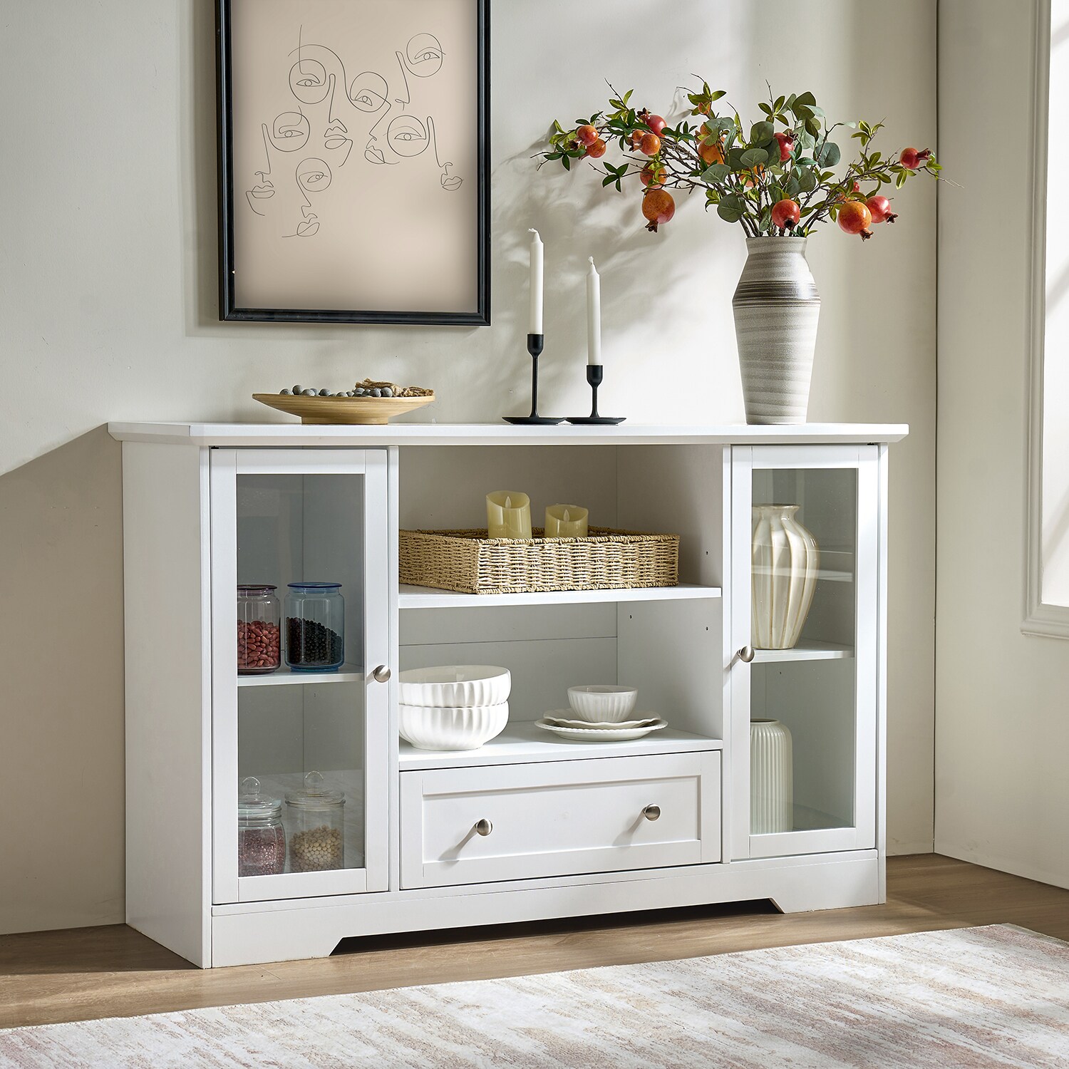 Vynxaria 51-in W x 33-in H x 15.75-in D Ameican White Oak Buffet Sideboard Cabinet with Glass Doors and Adjustable Shelves and Drawers