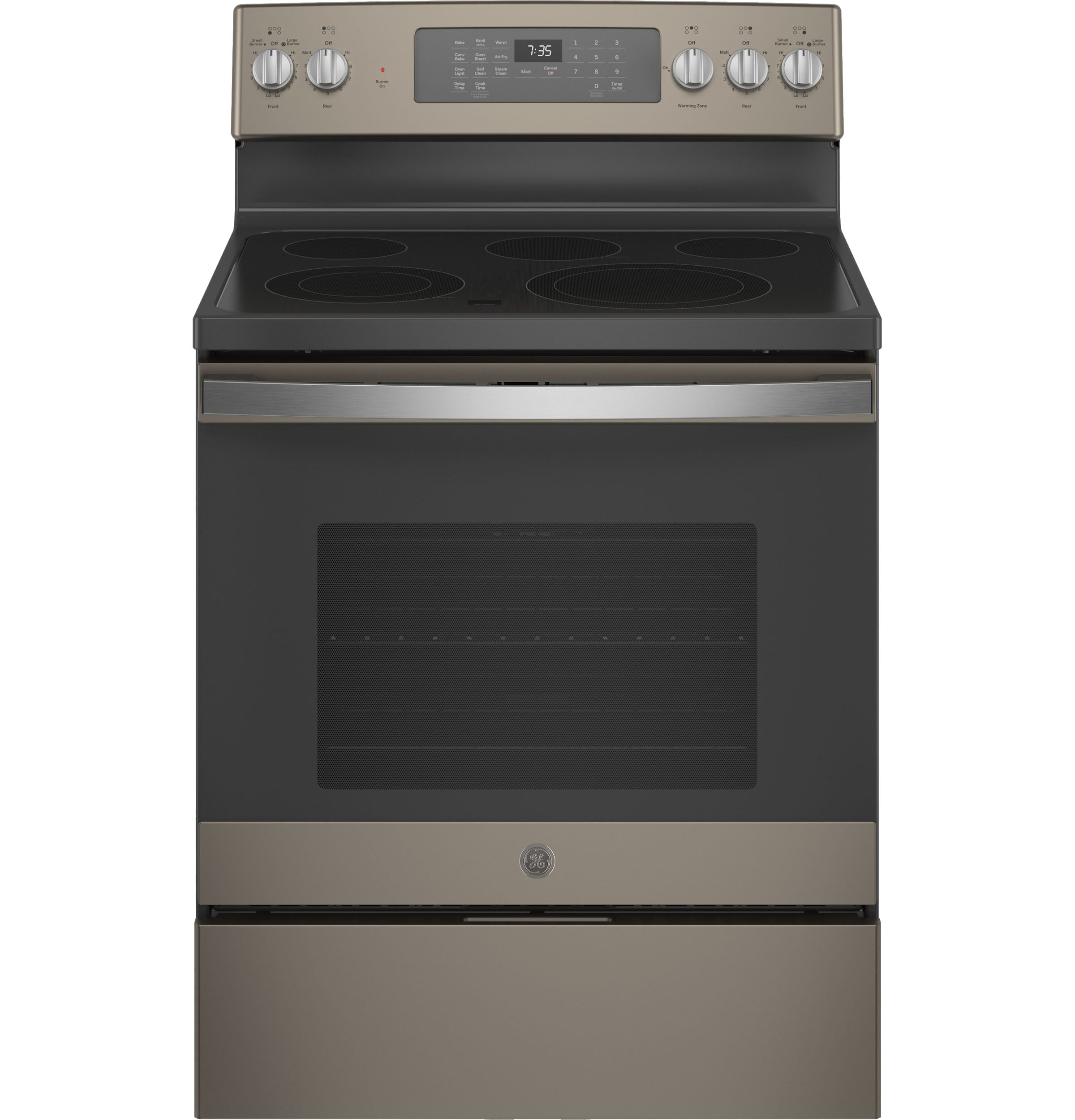 GE JB735EPES 30-in Glass Top 5 Burners 5.3-cu ft Self-Cleaning Air Fry Convection Oven Freestanding Electric Range (Slate)