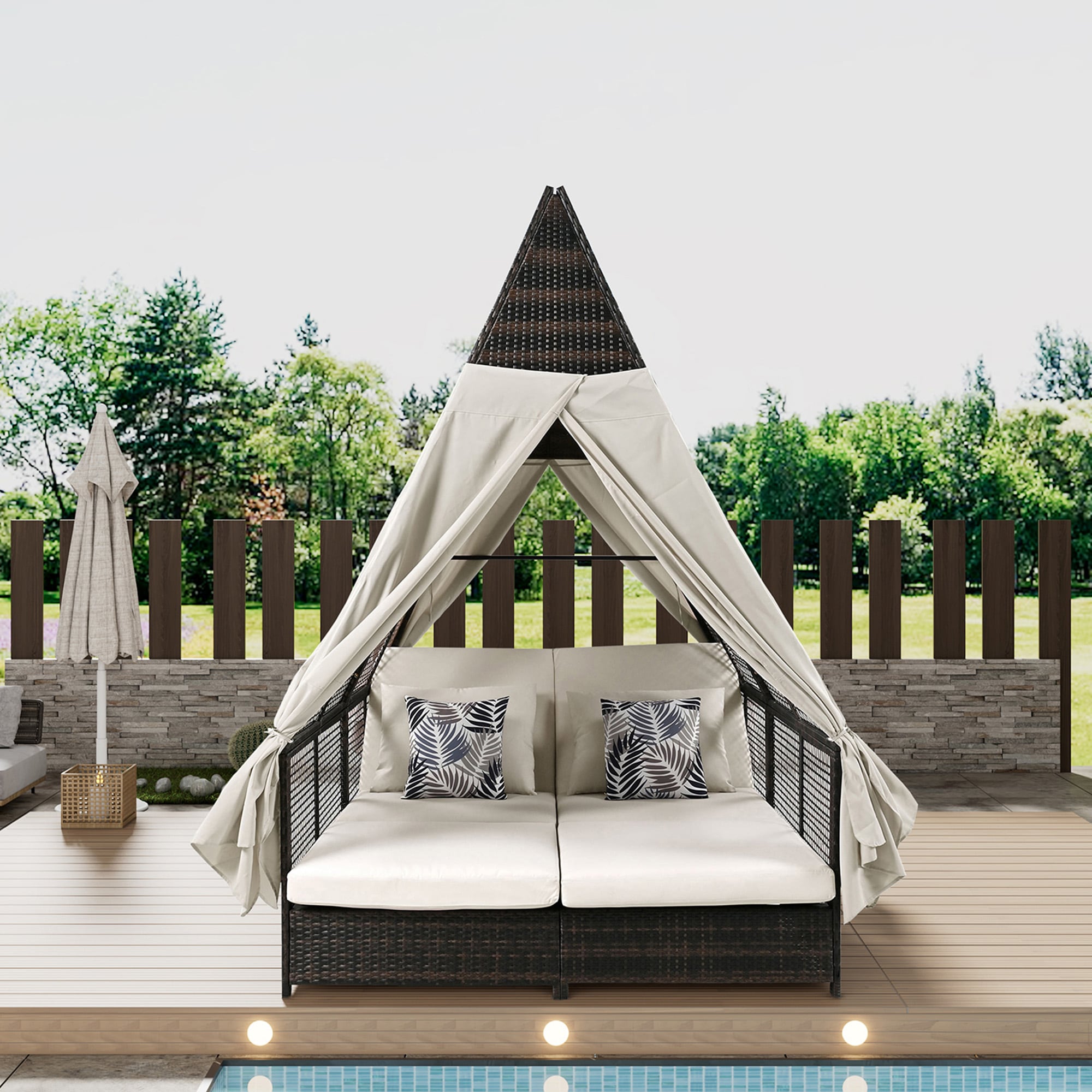JIMSMAISON BOOFPDB01BEG Rattan Outdoor Daybed with Beige Cushions and Iron Frame