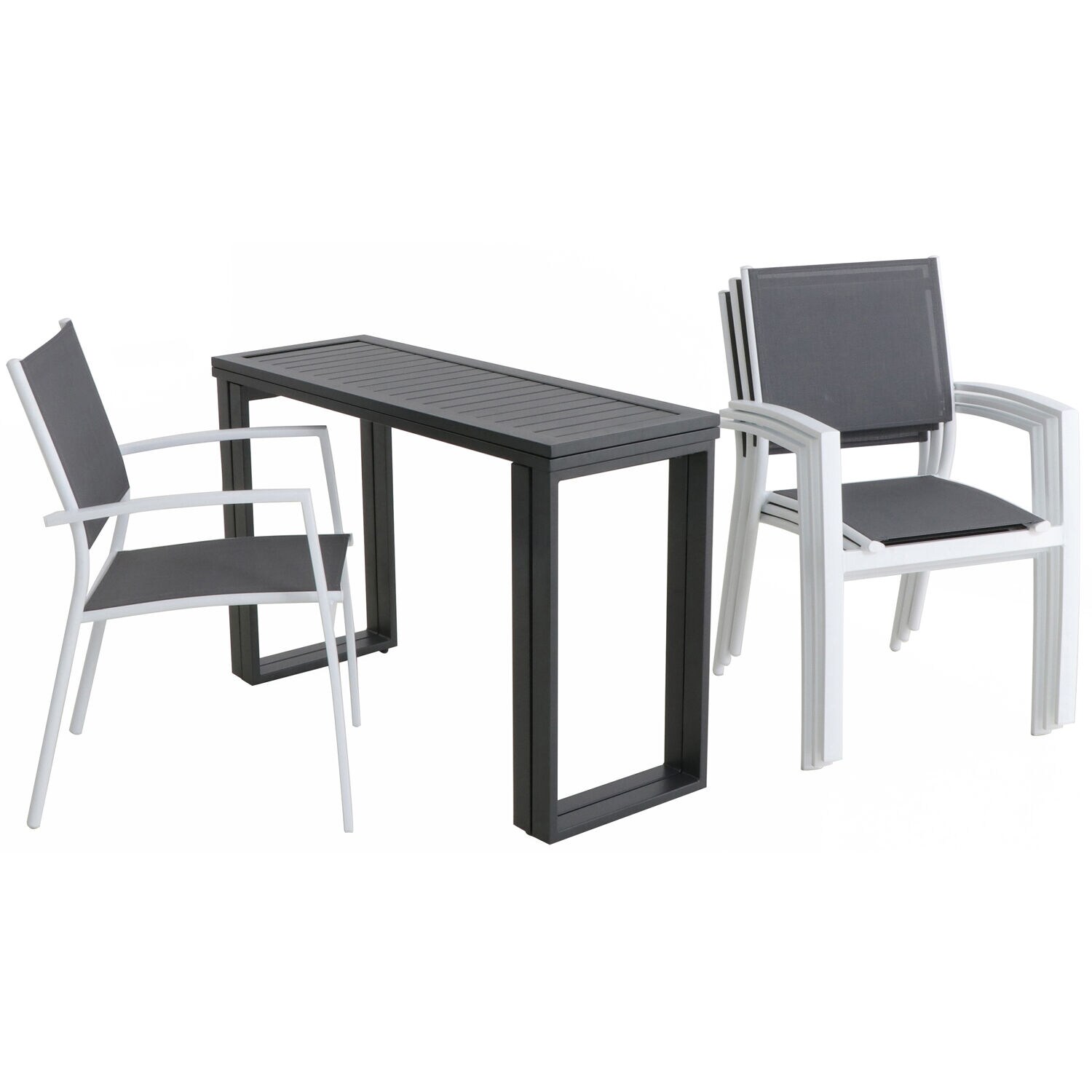 Compact 5-Piece Outdoor Dining Set with Foldable Slat-Top Table and Stackable Chairs in White/Gray