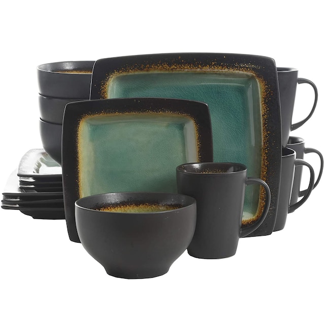 Gibson 204160 Elite Ocean Paradise 16Pc Square Glazed Dinnerware Kitchen Dish Set, Jade