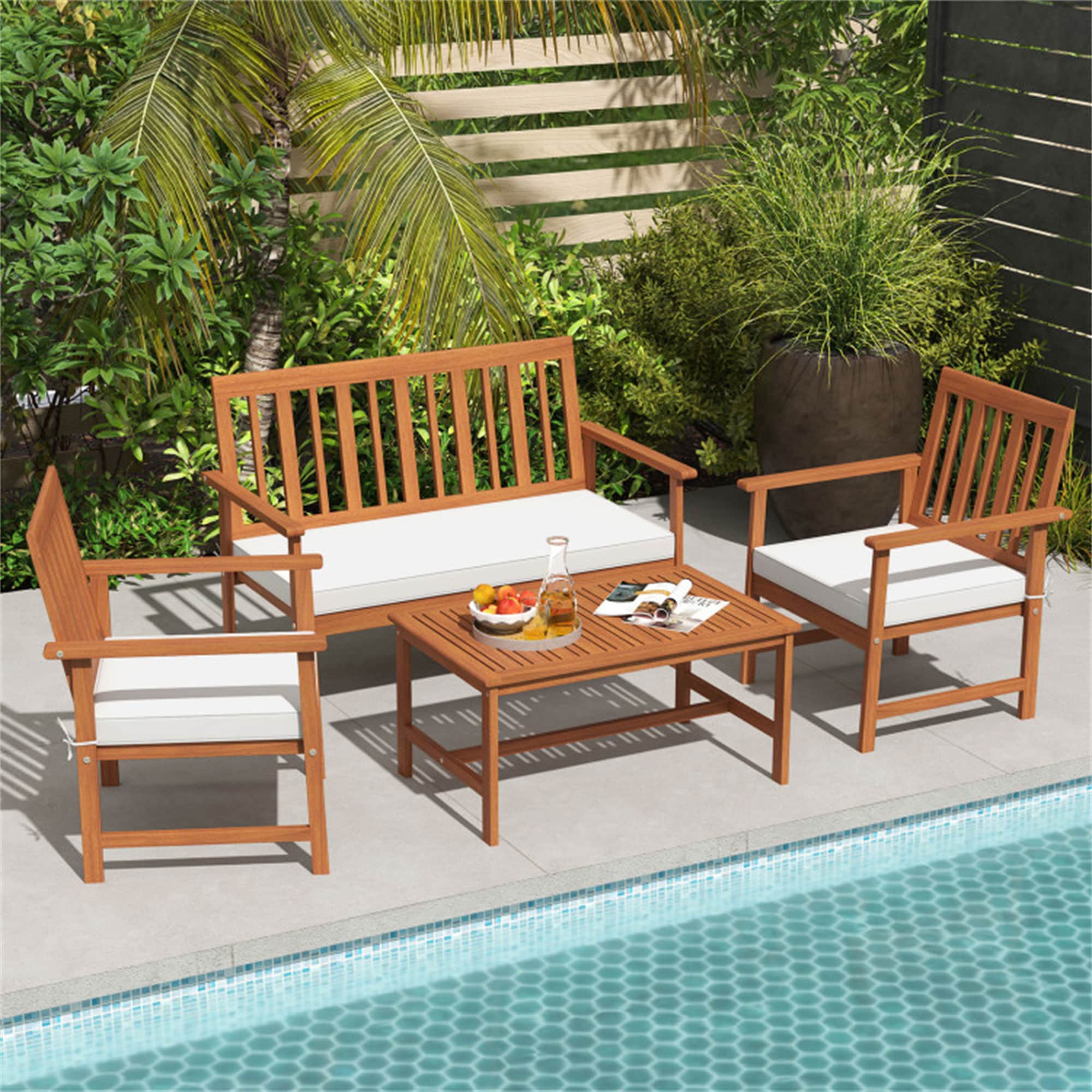BABOOM BOM-HW63880-CO Wood Furniture Set 4 -Piece Patio Conversation Set with Off-white Cushions