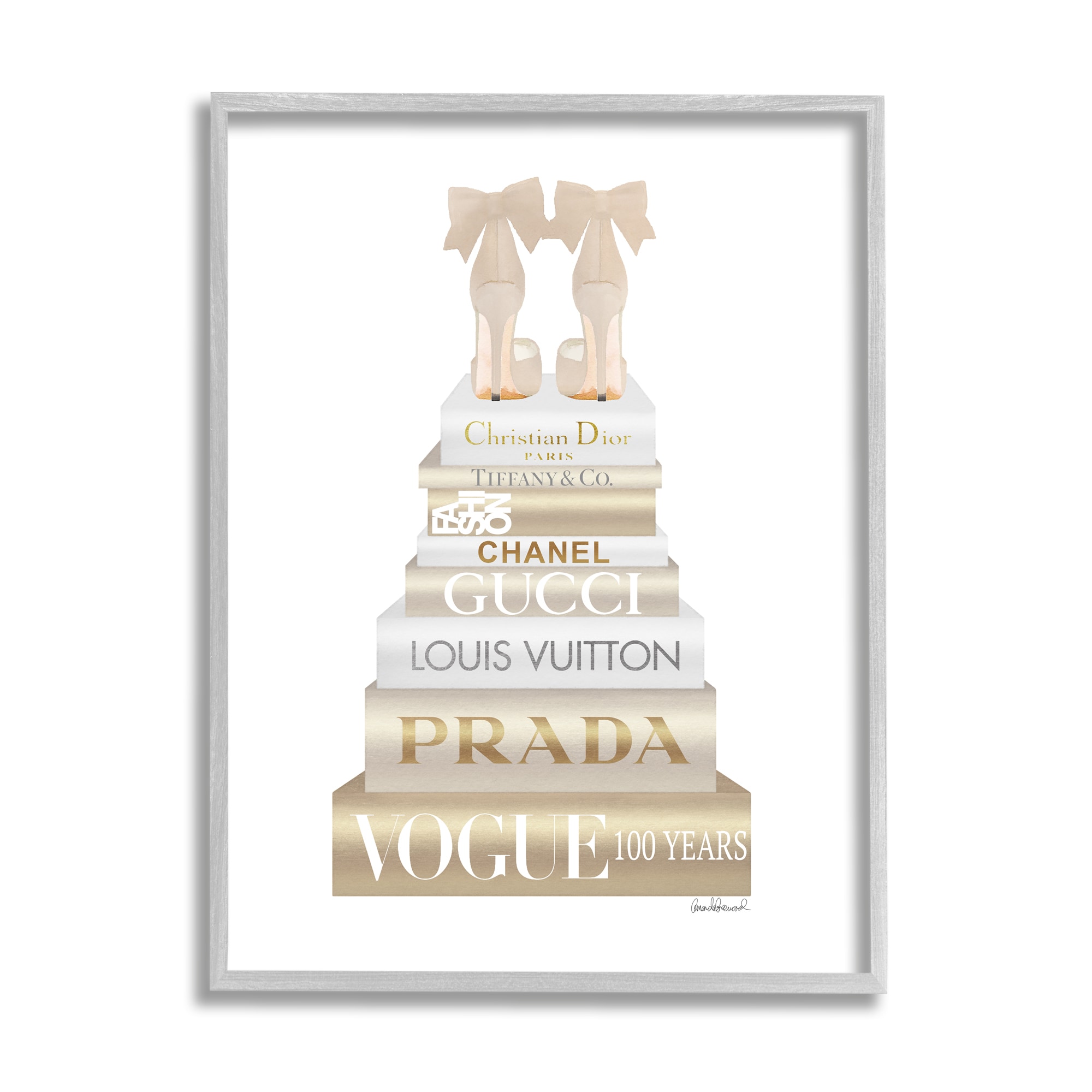 Stupell Industries Cream Bow Heels High Fashion Glam Bookstack Gray Framed Giclee, 24 x 30