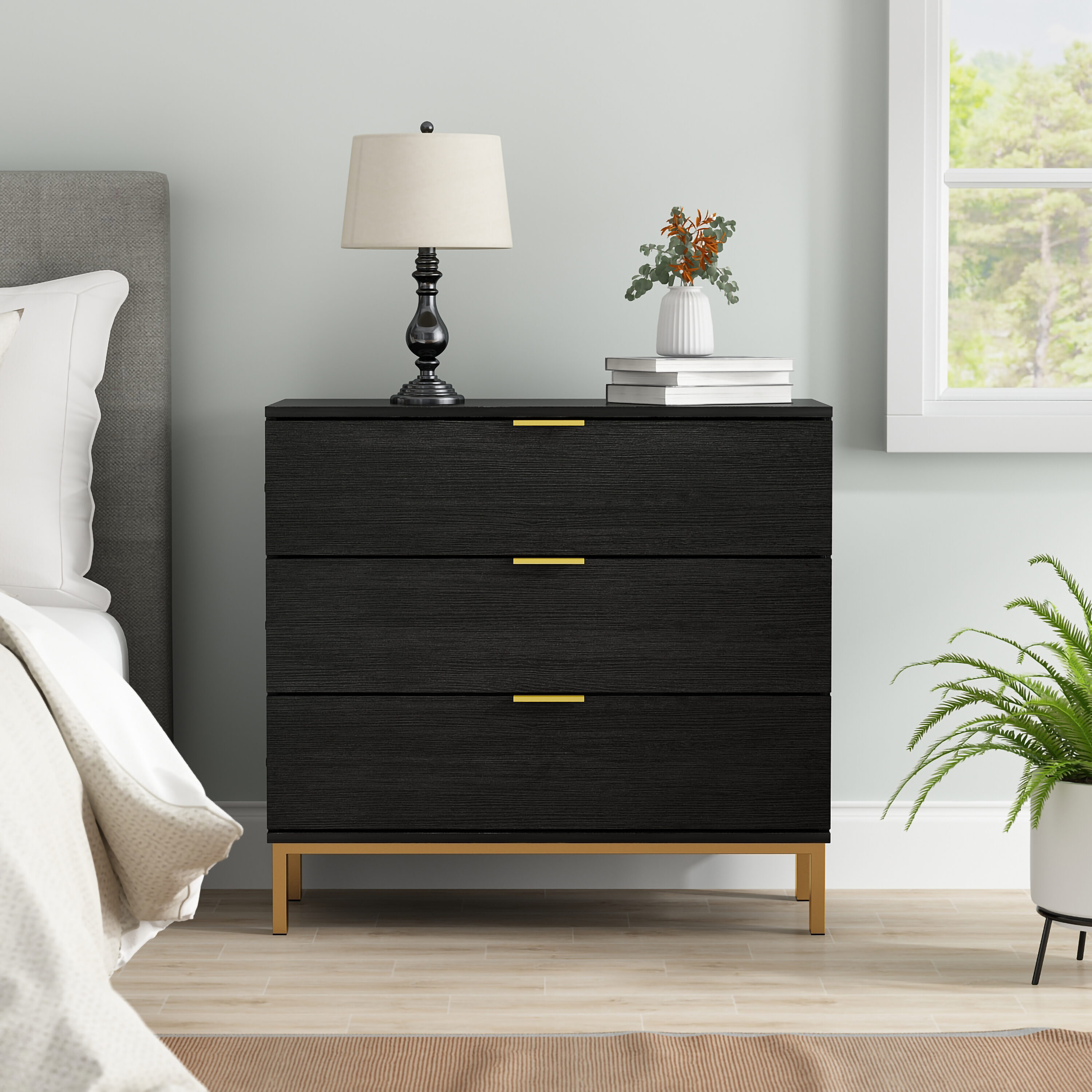 FUFU&GAGA Contemporary Black 3-Drawer Chest with Steel Frame and