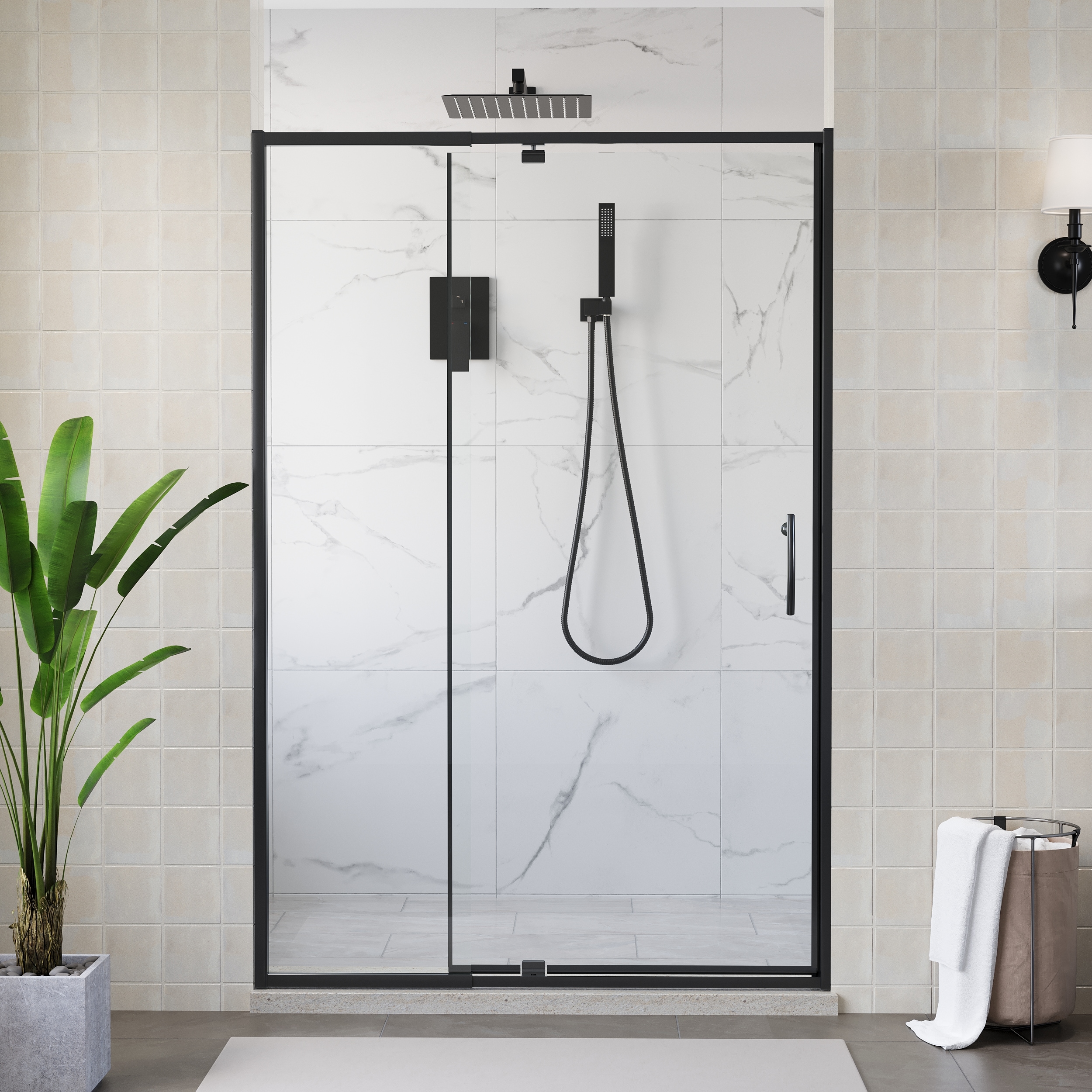 WELLFOR BA-P143275 HH Pivot Shower Door Matte Black 44-in to 48-in W x 71-in H Framed Clear Glass Pivot Shower door