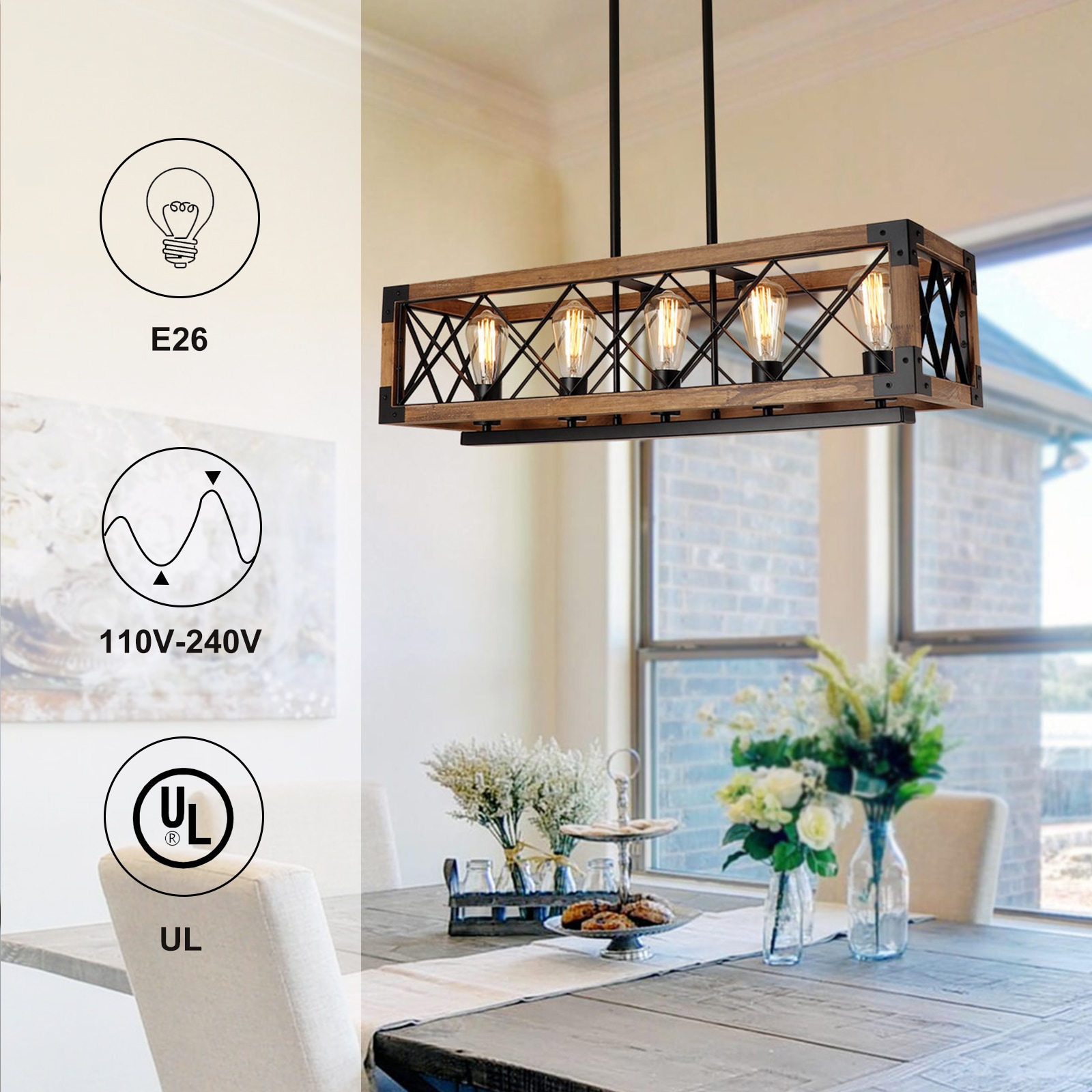 Rustic Black and Brown Wood Cage 5-Light Chandelier