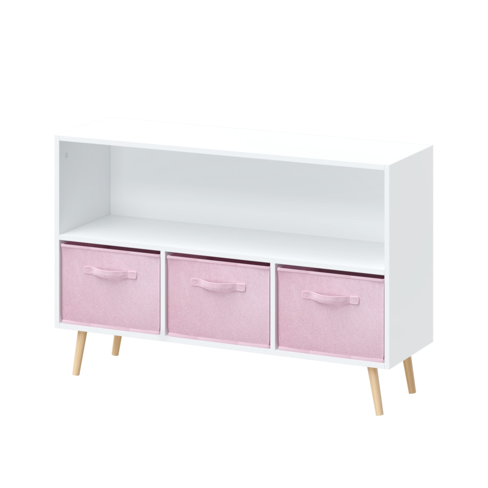 REIBII Kids Bookcase Toy Storage with 3 Fabric Drawers Children Toy Storage Cabinet Organizer MDF Board Wall Mounted Bookshelf White Pink