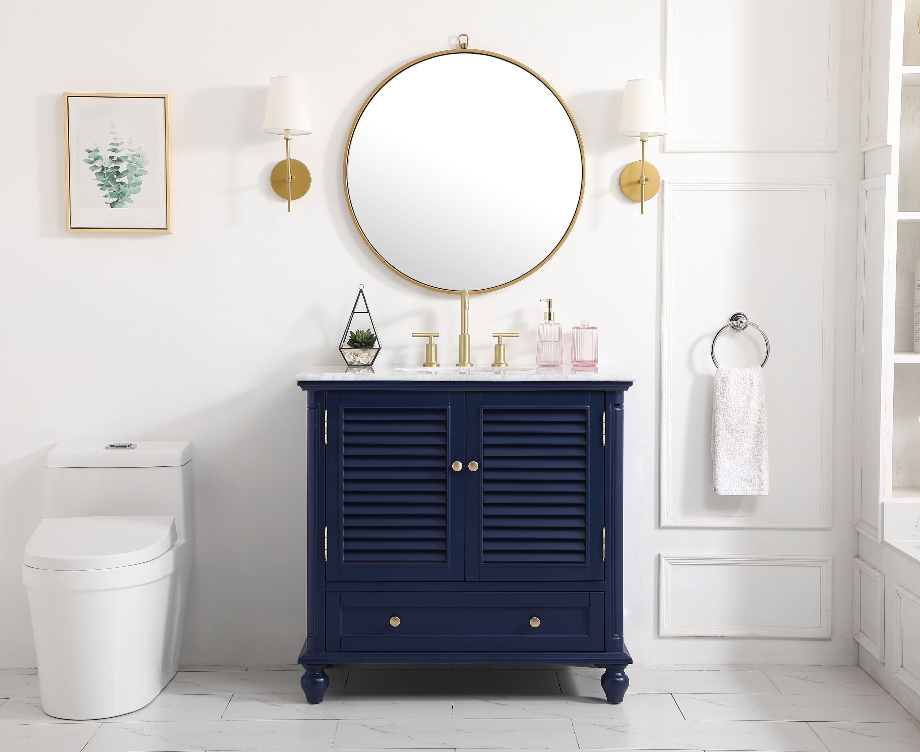 Rhodes 36" Blue Solid Wood Single Bathroom Vanity with Marble Top