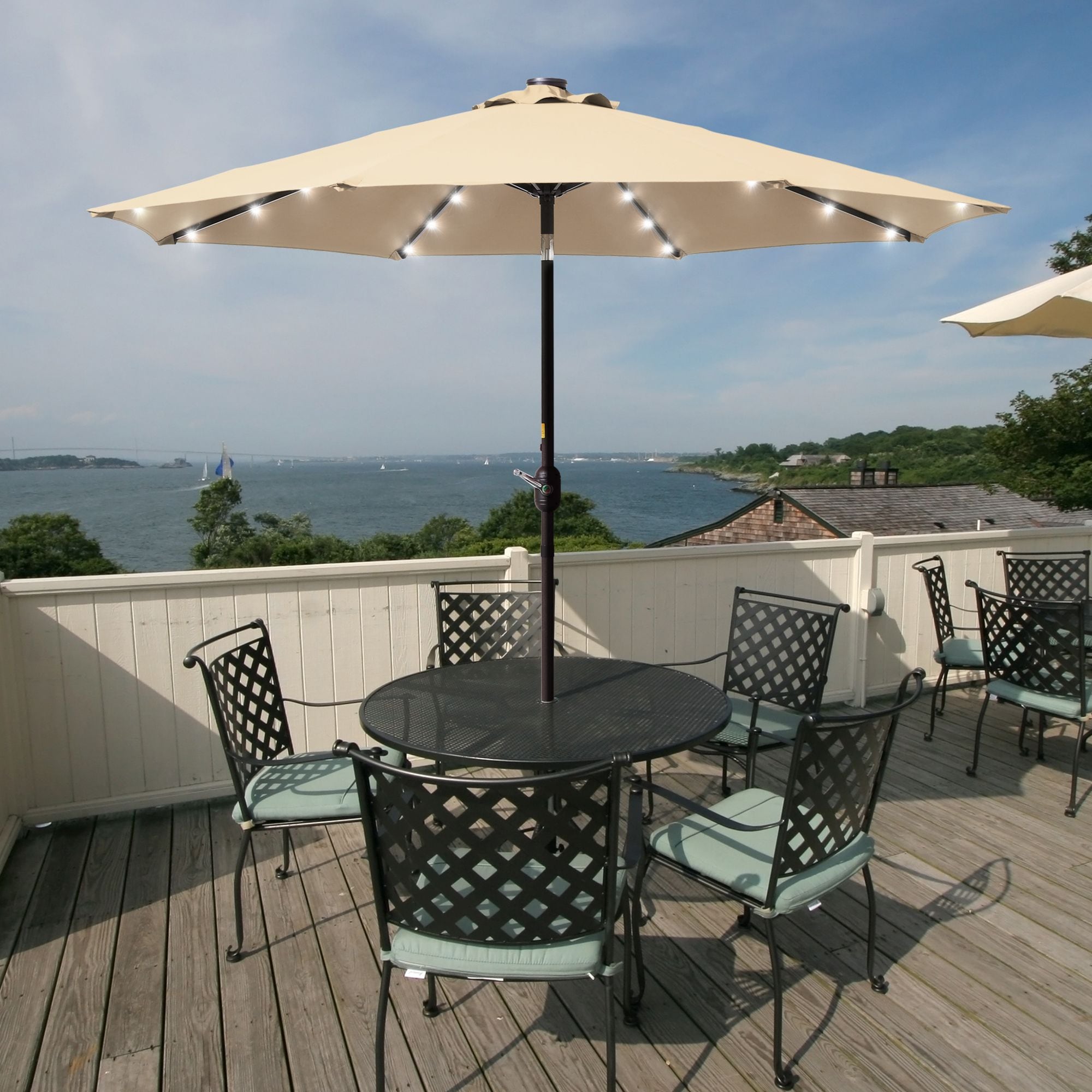 ACEGOSES LW-LED270SD 9-ft Aluminum Tan Push-button Tilt Market Patio Umbrella with Lights