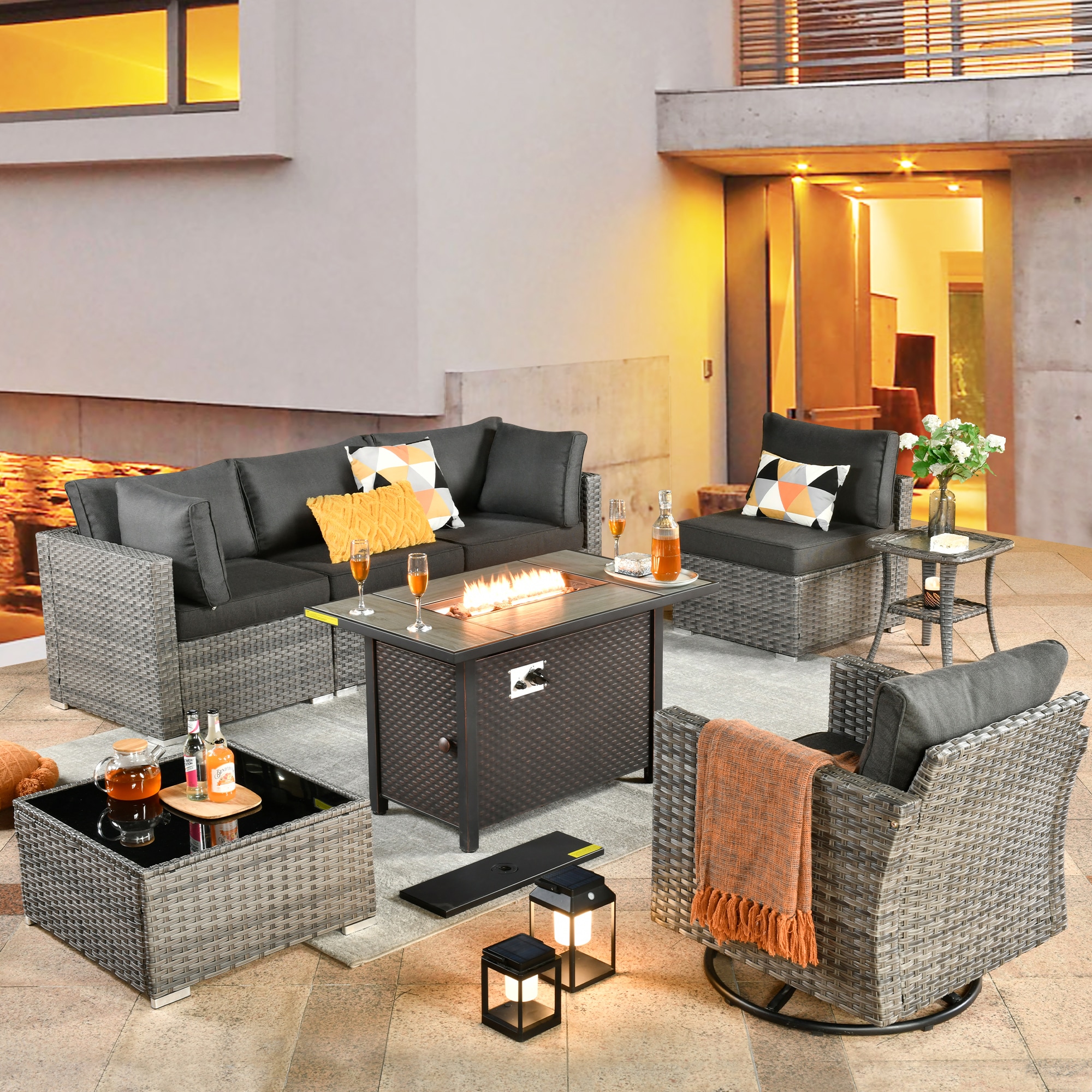 XIZZI XIHOPS1054-RC1IFP Sunrise 8 -Piece Rattan Patio Sofa Conversation Set with Black Cushions