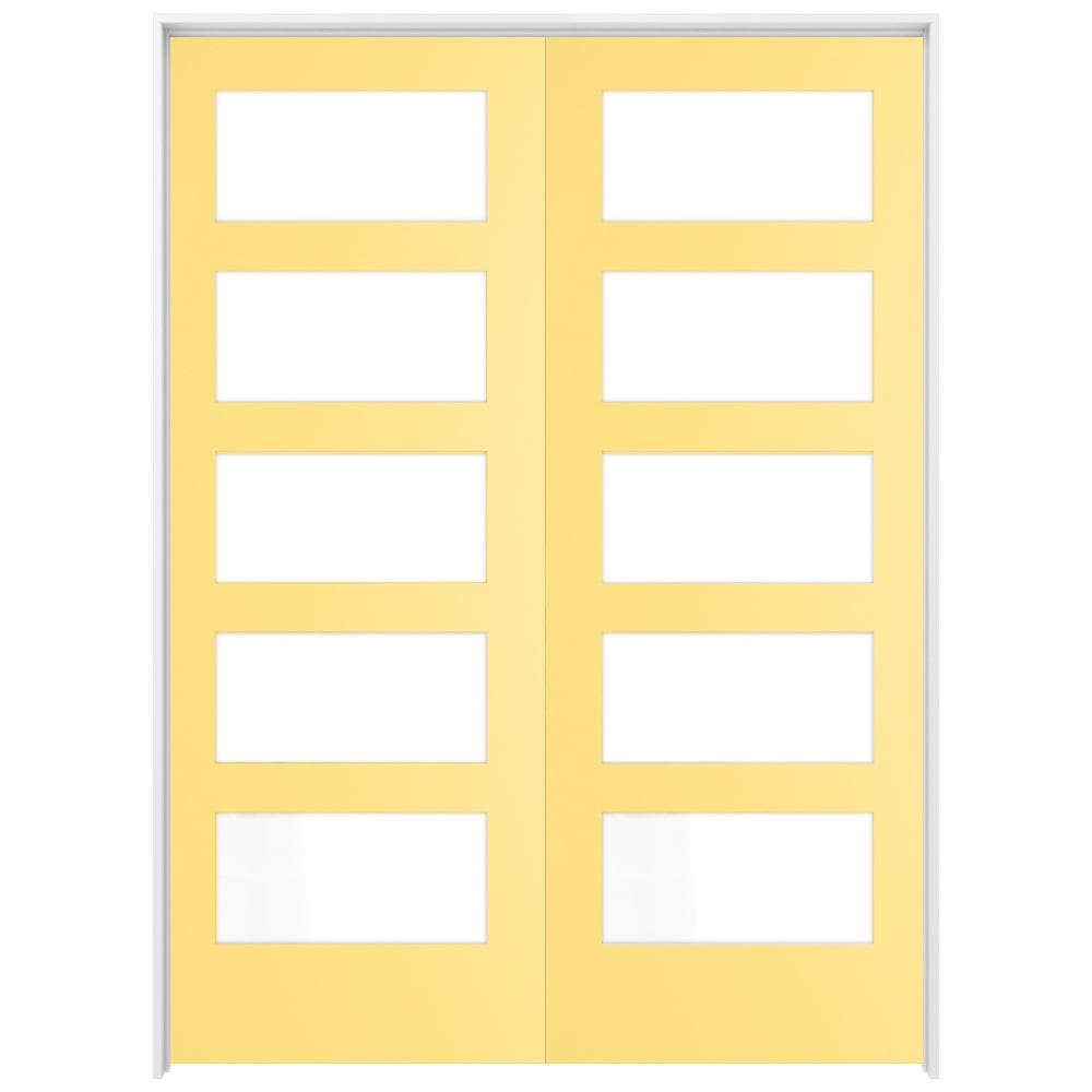RELIABILT LO1370649 60-in x 80-in Marigold Solid core 5-panel equal Frosted glass Reversible/Universal Smooth Prefinished Pine Wood Flat Jamb Double Prehung Interior Door