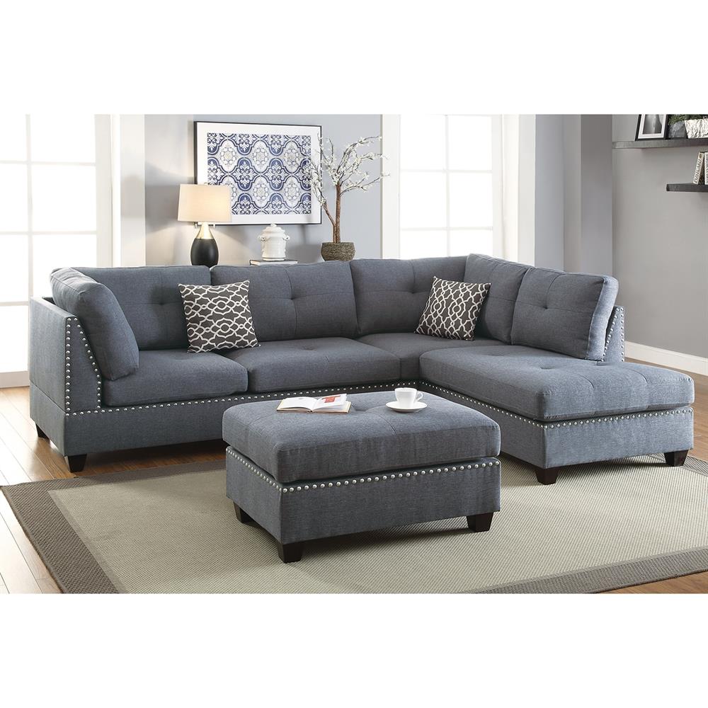 Poundex Kipp Casual 3-Piece Polyester/Polyester Blend Blue Living Room ...