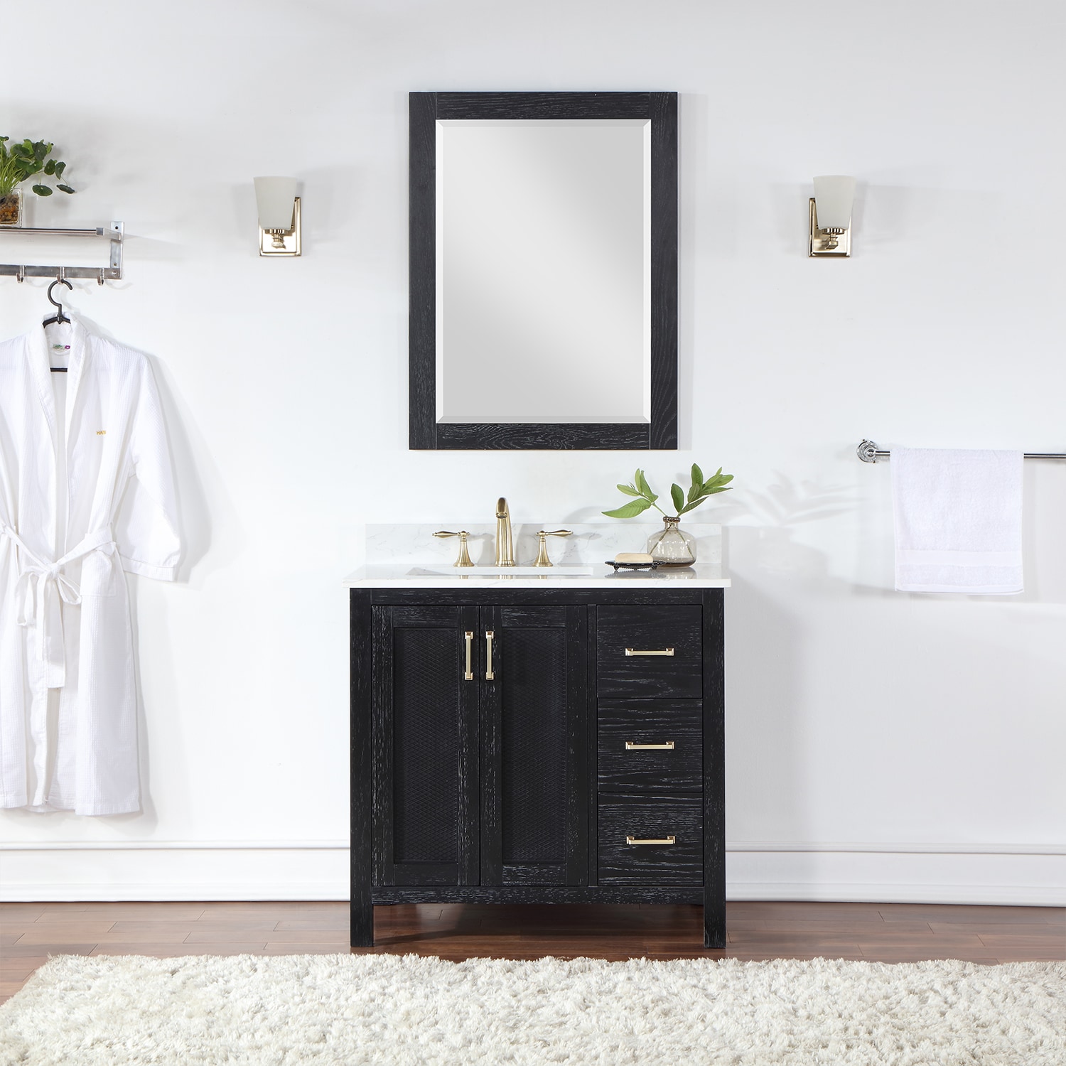 Altair 542036-BO-AW Hadiya 36-in Black Oak Undermount Single sink Bathroom Vanity with Aosta White Engineered marble Top (Mirror Included)
