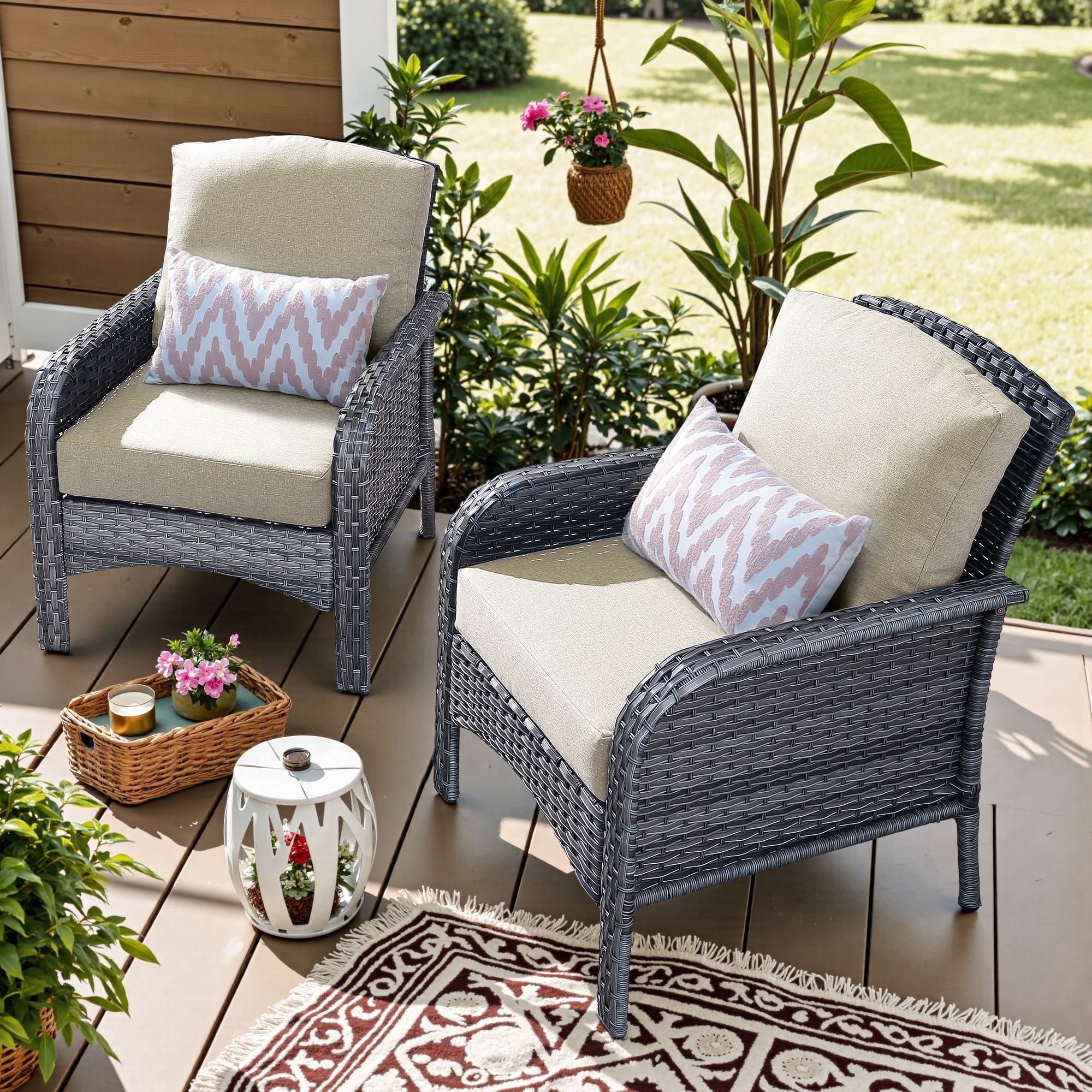 weaxty HMBGNDS600Z2 Initial Set of 2 Wicker Black Steel Frame Stationary Conversation Chair with Off-white Cushioned Seat