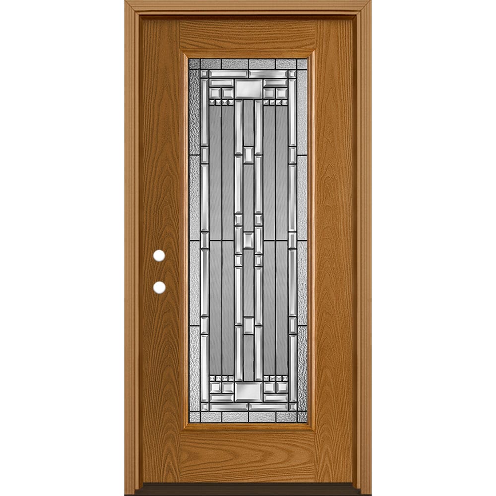 Masonite 3421152 Naples 36-in x 80-in x 4-9/16-in Fiberglass Full lite Right-hand inswing Oakcrest Stained Prehung Single door Front Door with Brickmould Insulating core Decorative glass