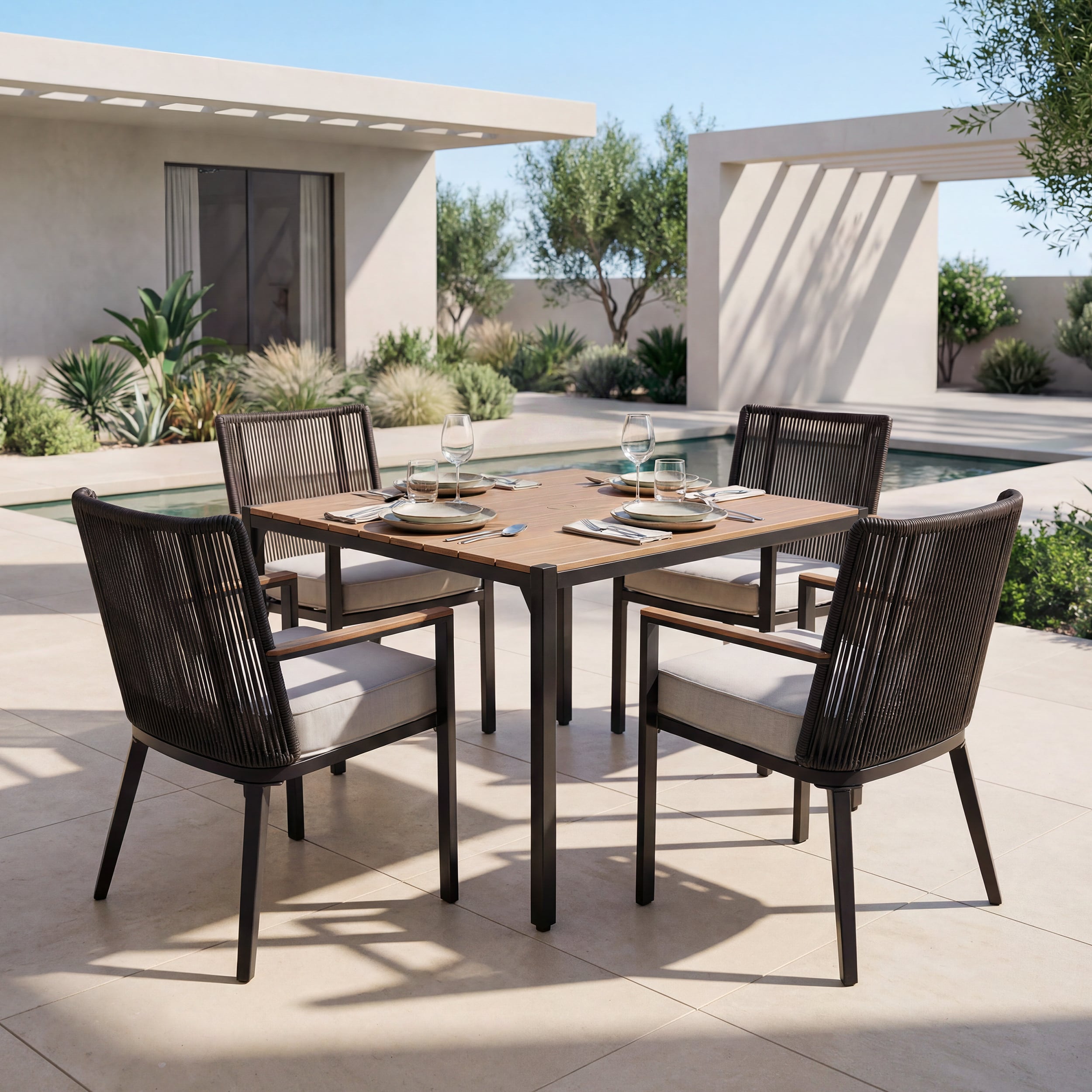 allen + roth A201085400 Ashford 5 -Piece Brown Wicker Patio Dining Set Steel Square Table with 4 Cream Cushions Stationary Chairs