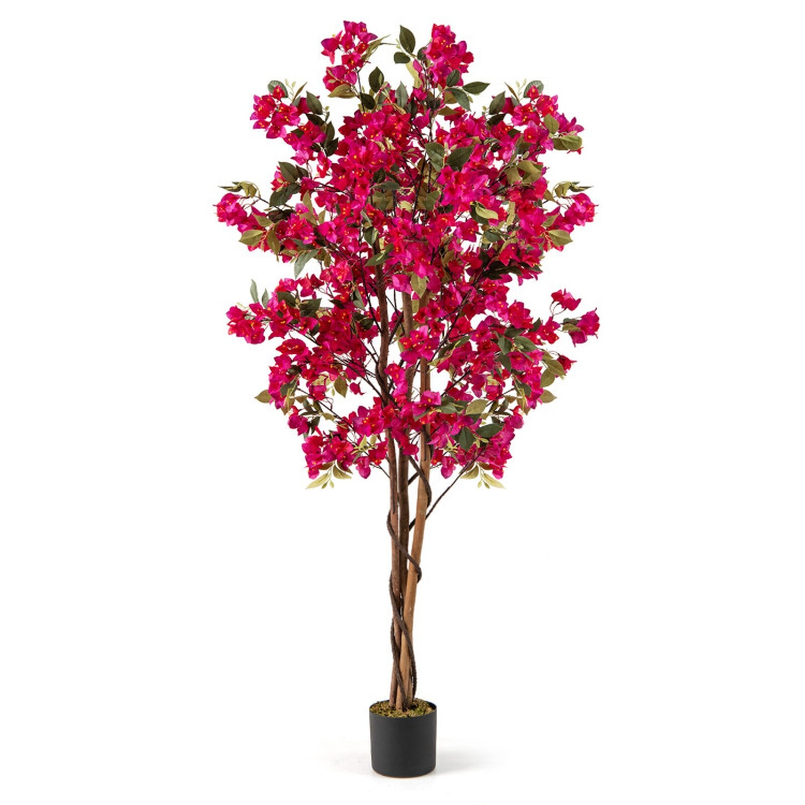 SUGIFT 6-ft Artificial Bougainvillea Tree with 910 Faux Flowers 105 Leaves Real Wood Trunk Cement-Filled Planter Indoor/Covered Patio Floor Plant Rose Red