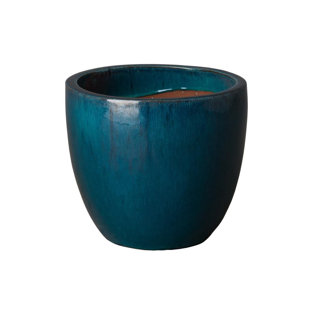  0556TL-1 Round 14.0-in W Medium Blue Ceramic Planter with Drainage Holes